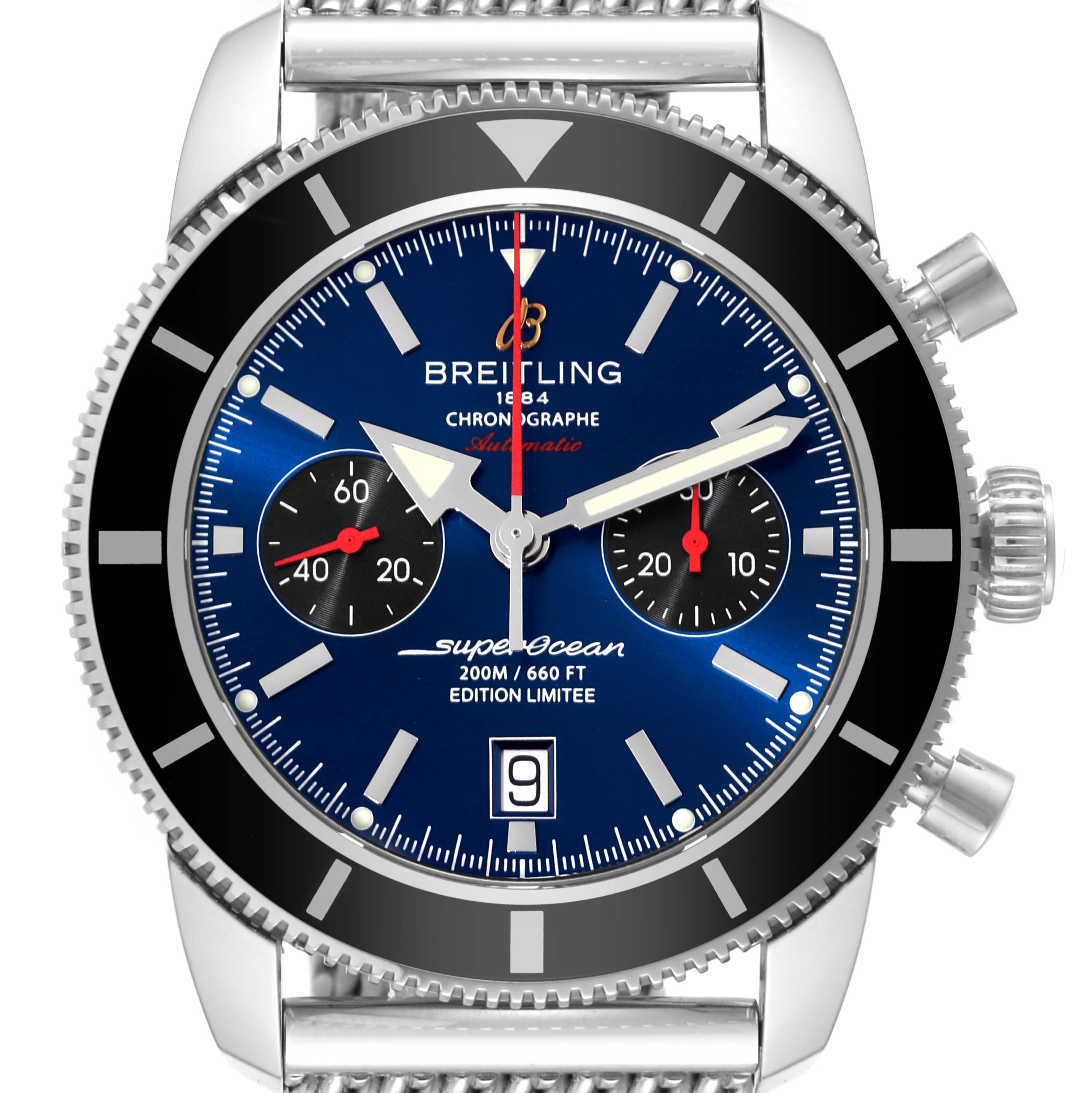 The Breitling Superocean A23320 Men's Stainless Steel Blue Dial A23320 Men's Stainless Steel Blue Dial watch is shown from a front angle, displaying the dial, bezel, chrono buttons, and part of the bracelet.