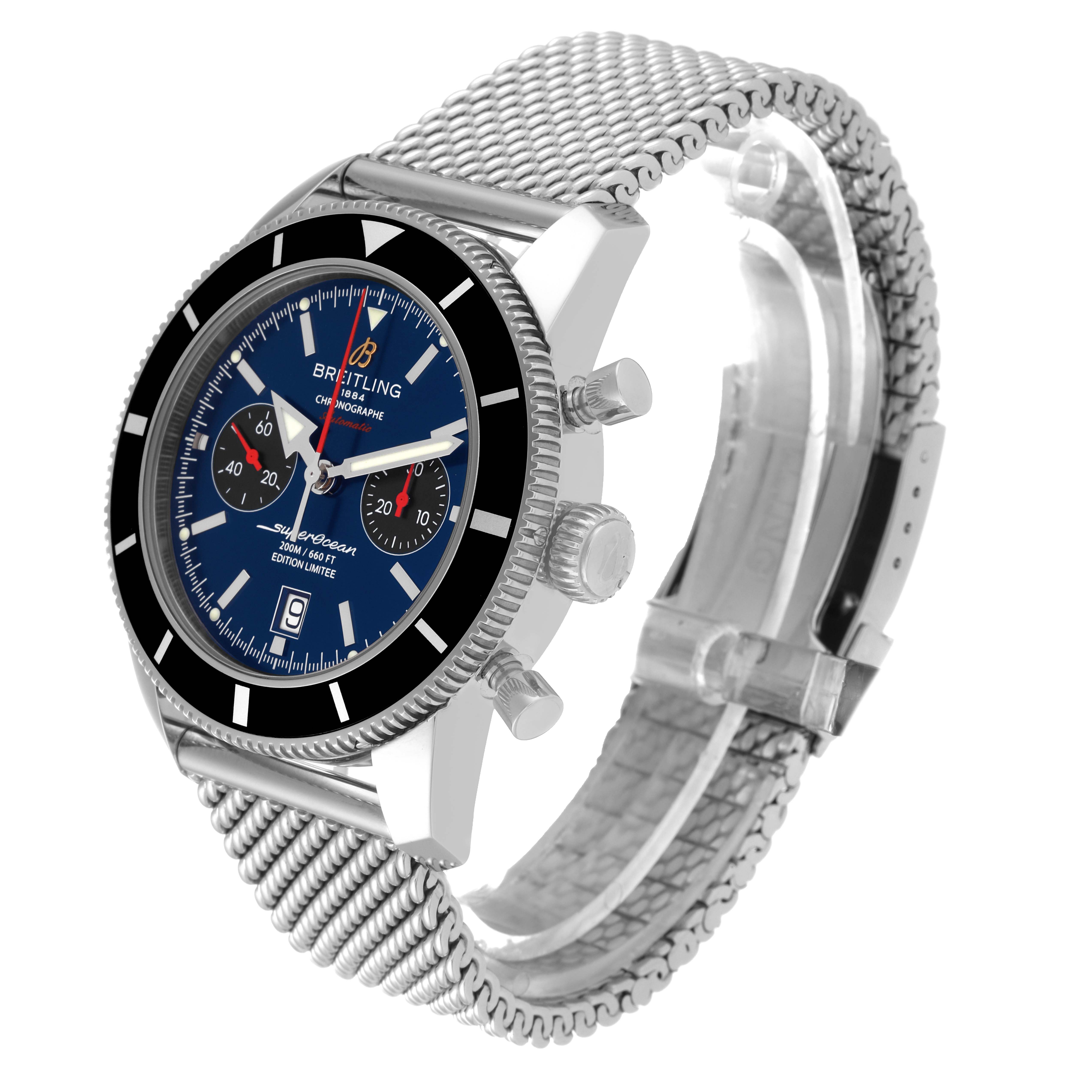 This image shows a side-front view of the Breitling Limited Series watch, highlighting its face, bezel, crown, and steel mesh bracelet.