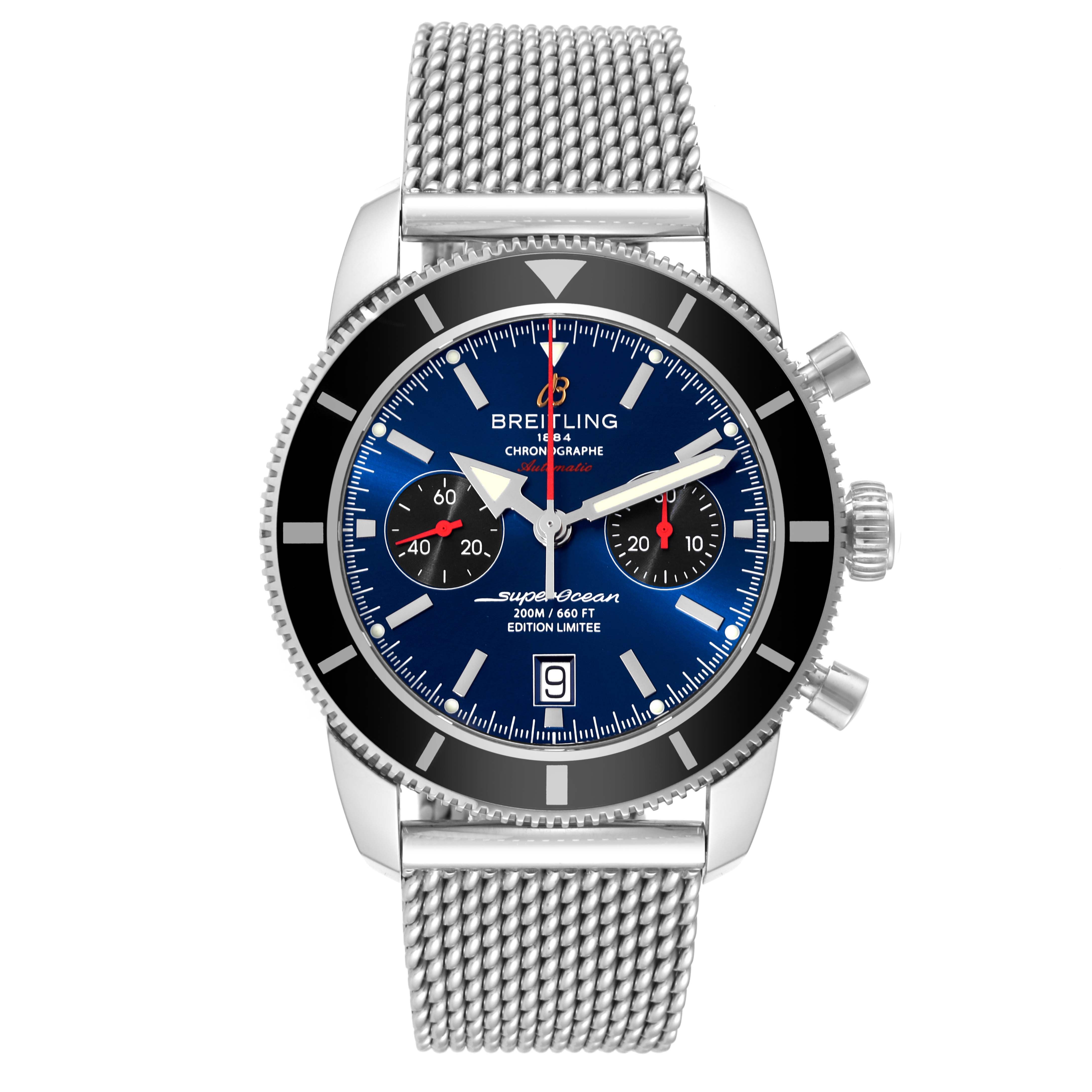 The Breitling Limited Series watch is shown from a top-down angle, displaying its face, mesh band, and side chronograph buttons.