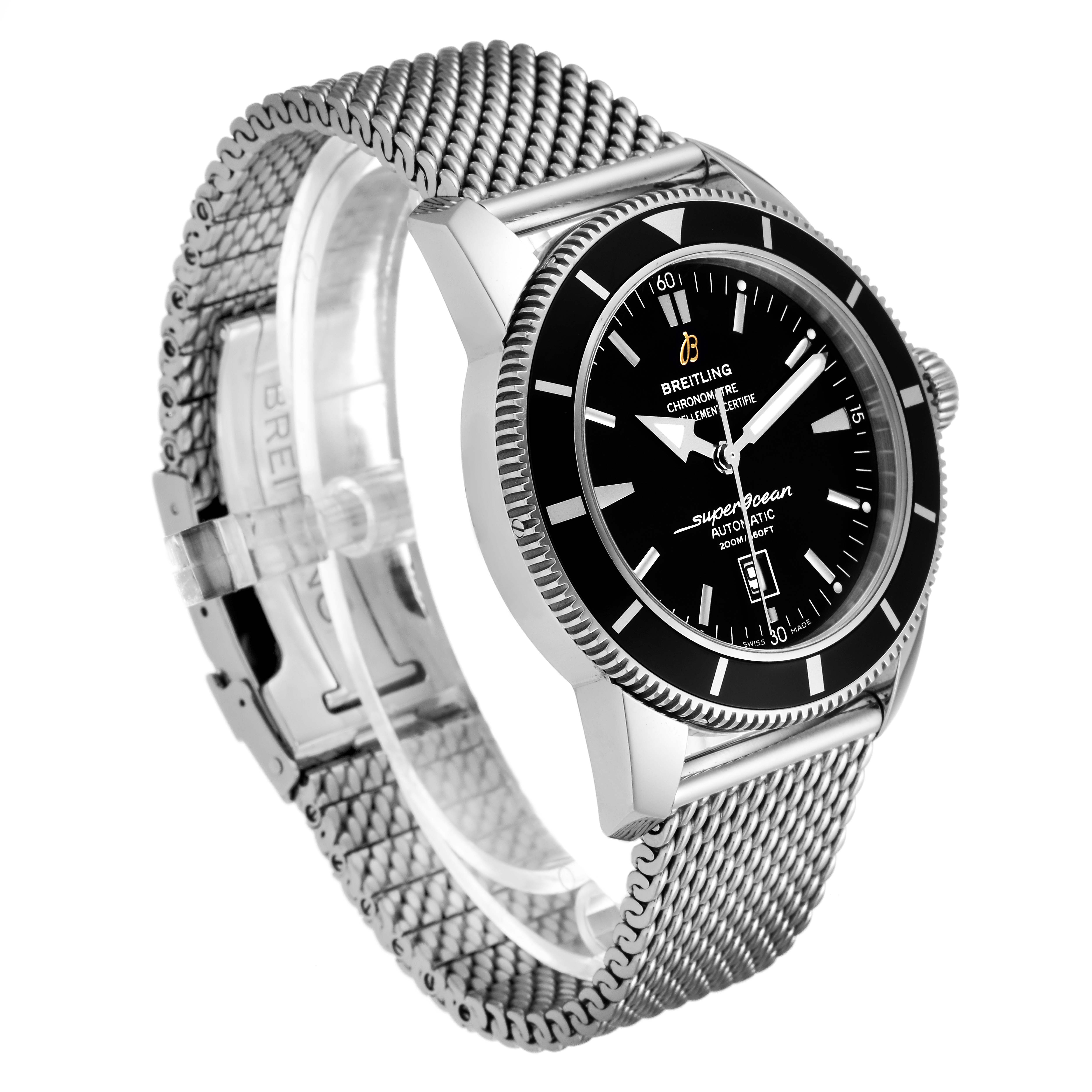 The image shows a Breitling Superocean A17320 Men's Stainless Steel Black Dial A17320 Men's Stainless Steel Black Dial watch angled to display the face, bezel, and stainless steel mesh strap.