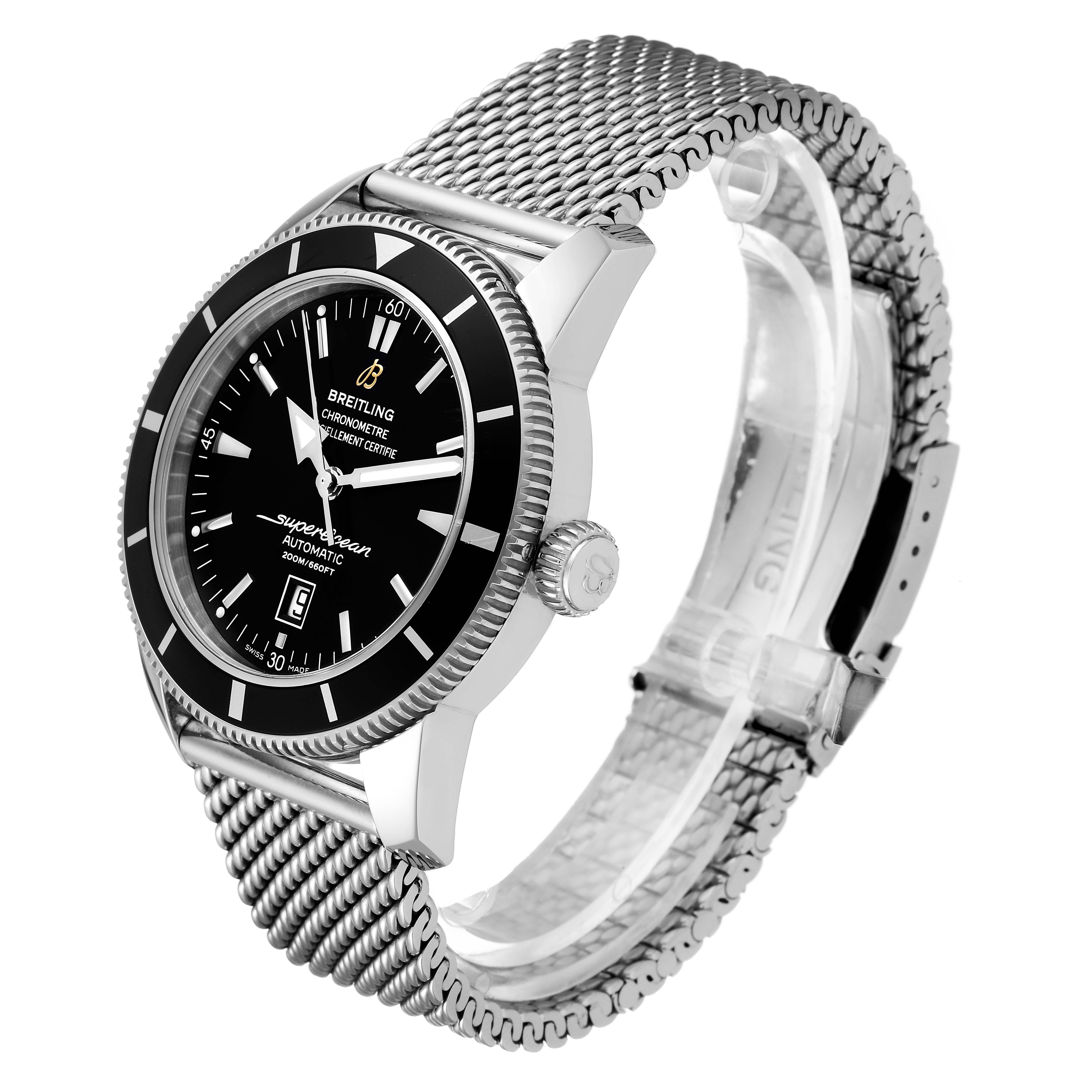 The image shows a Breitling Superocean A17320 Men's Stainless Steel Black Dial A17320 Men's Stainless Steel Black Dial watch at a three-quarter angle, highlighting the face, bezel, crown, and mesh bracelet.