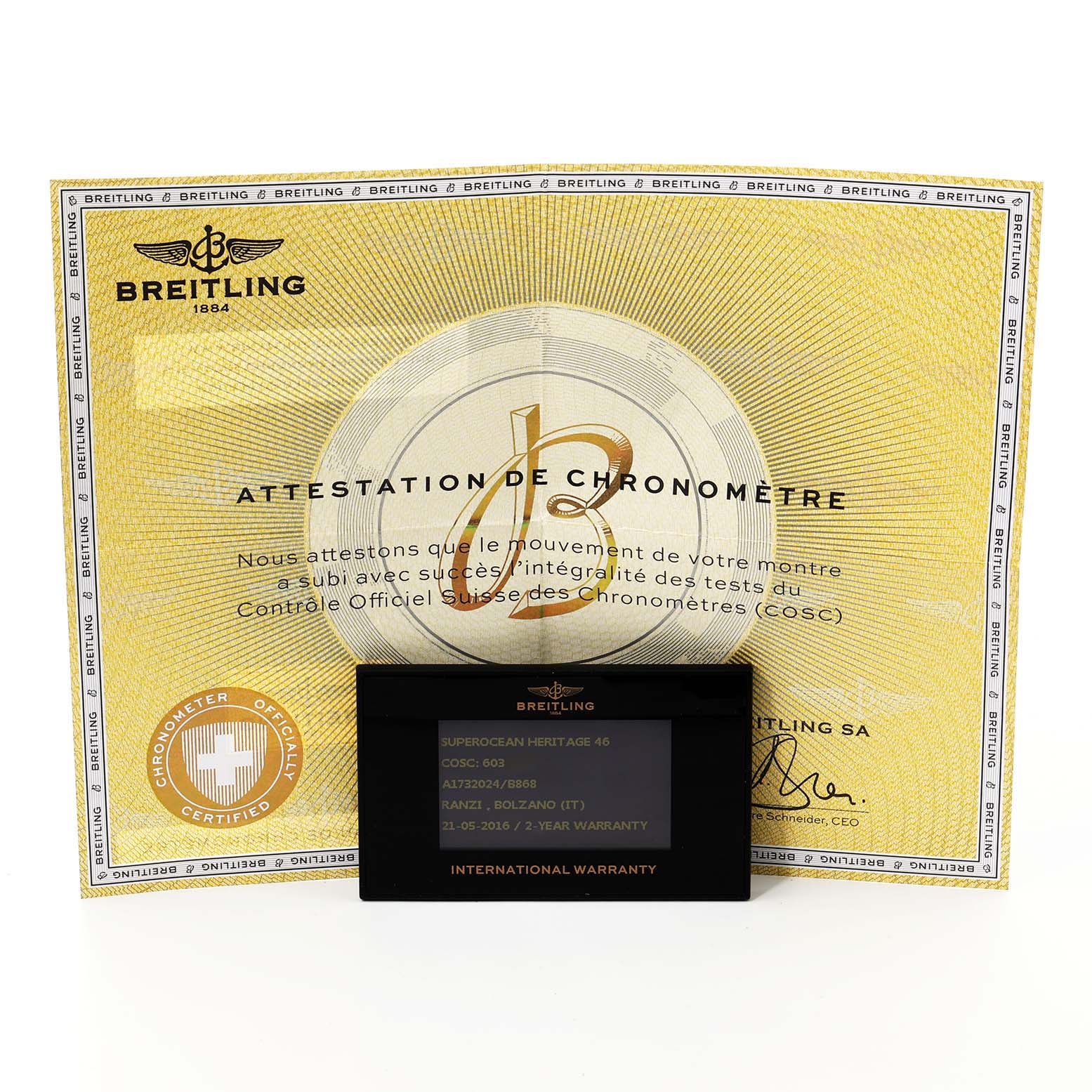 The image shows the certification document and international warranty card for the Breitling Superocean A17320 Men's Stainless Steel Black Dial A17320 Men's Stainless Steel Black Dial model.