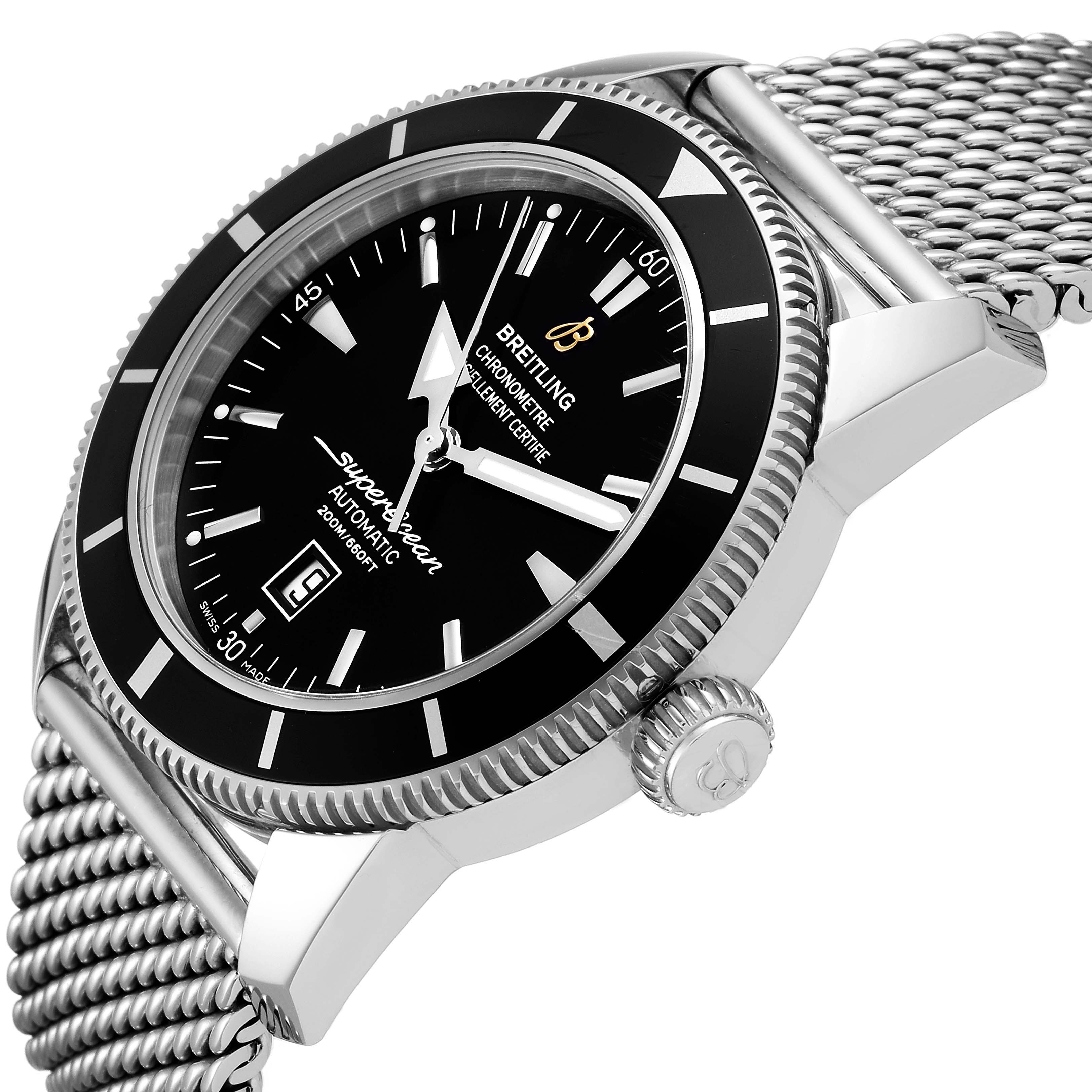 The image shows a side angle of the Breitling Superocean A17320 Men's Stainless Steel Black Dial A17320 Men's Stainless Steel Black Dial watch, highlighting its dial, bezel, crown, and mesh strap.