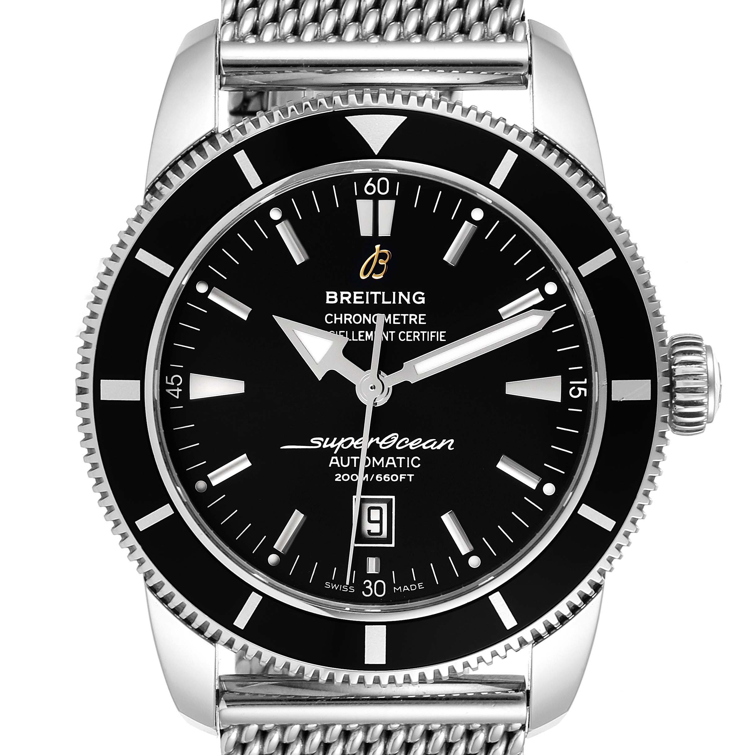 The image shows a front view of a Breitling Superocean A17320 Men's Stainless Steel Black Dial A17320 Men's Stainless Steel Black Dial watch, highlighting the dial, bezel, and part of the mesh bracelet.
