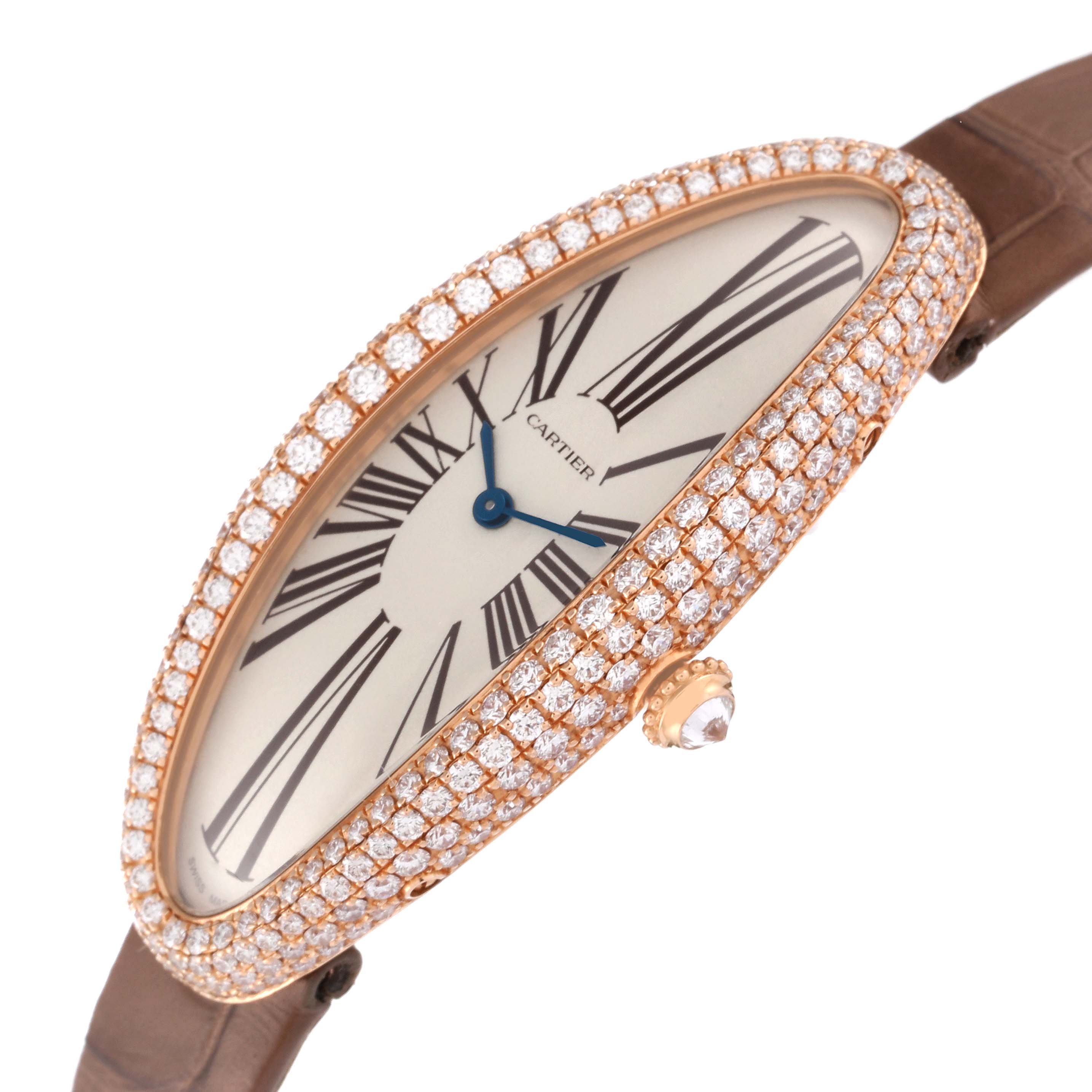 The Cartier Baignoire WJBA0006 Women's Rose Gold White Dial WJBA0006 Women's Rose Gold White Dial watch is shown at an angle highlighting its diamond-encrusted bezel and brown leather strap.