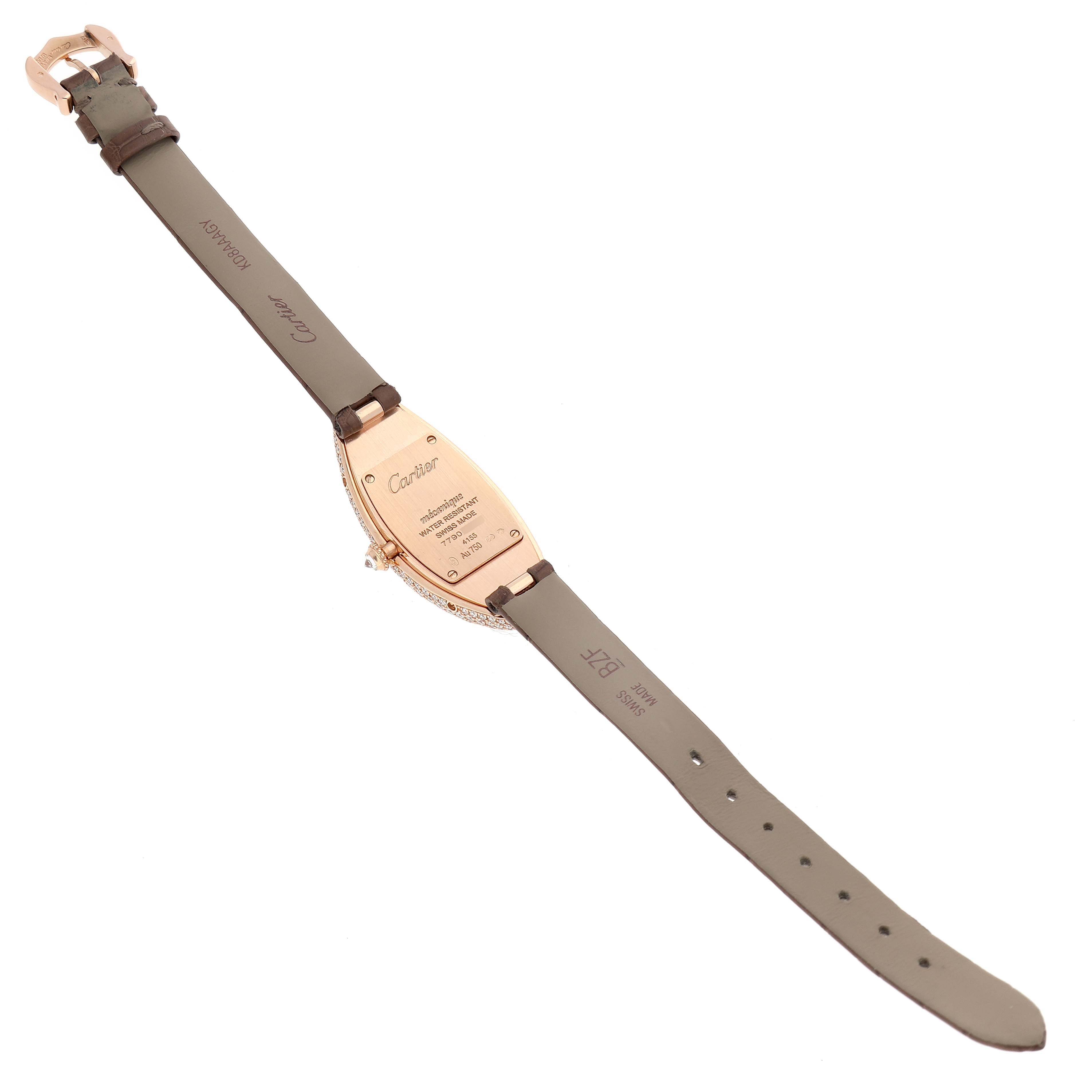 The image shows the back view of a Cartier Baignoire WJBA0006 Women's Rose Gold White Dial WJBA0006 Women's Rose Gold White Dial watch, focusing on the case back and leather straps.