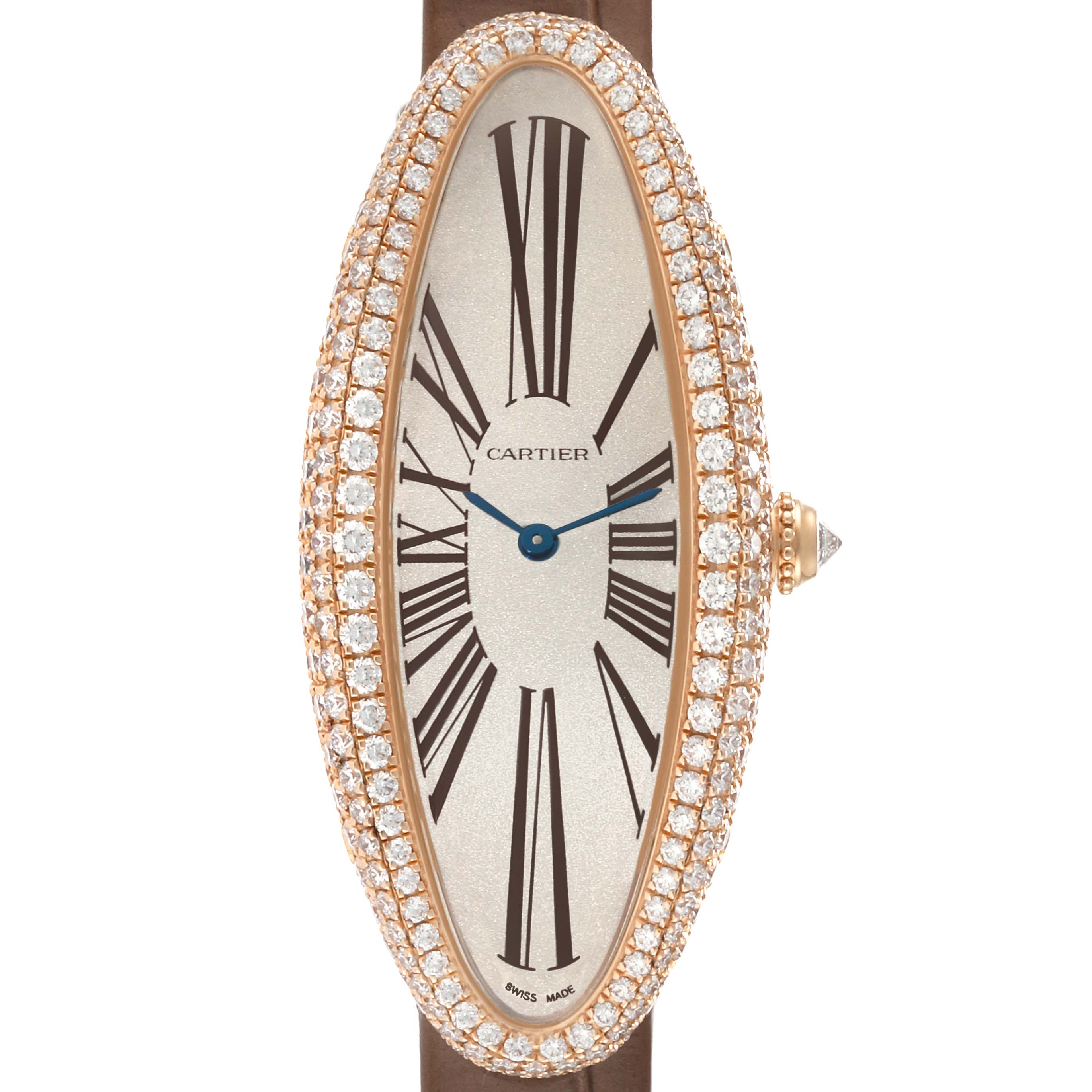 The image shows a front view of a Cartier Baignoire WJBA0006 Women's Rose Gold White Dial WJBA0006 Women's Rose Gold White Dial watch, highlighting its oval dial, diamond-encrusted bezel, and Roman numerals.