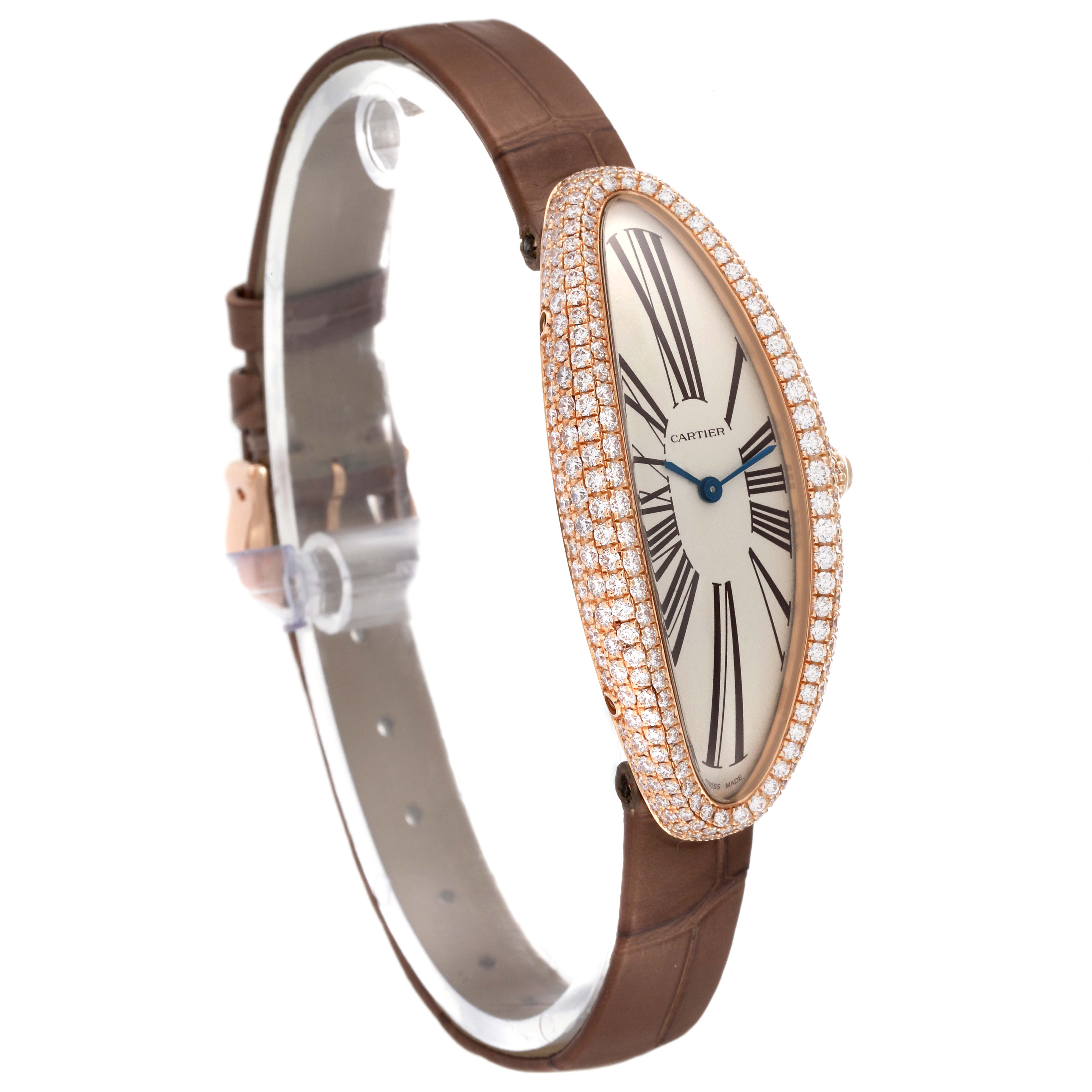 The image shows a Cartier Baignoire WJBA0006 Women's Rose Gold White Dial WJBA0006 Women's Rose Gold White Dial watch at a three-quarter angle, highlighting the face, diamond bezel, and brown leather strap.