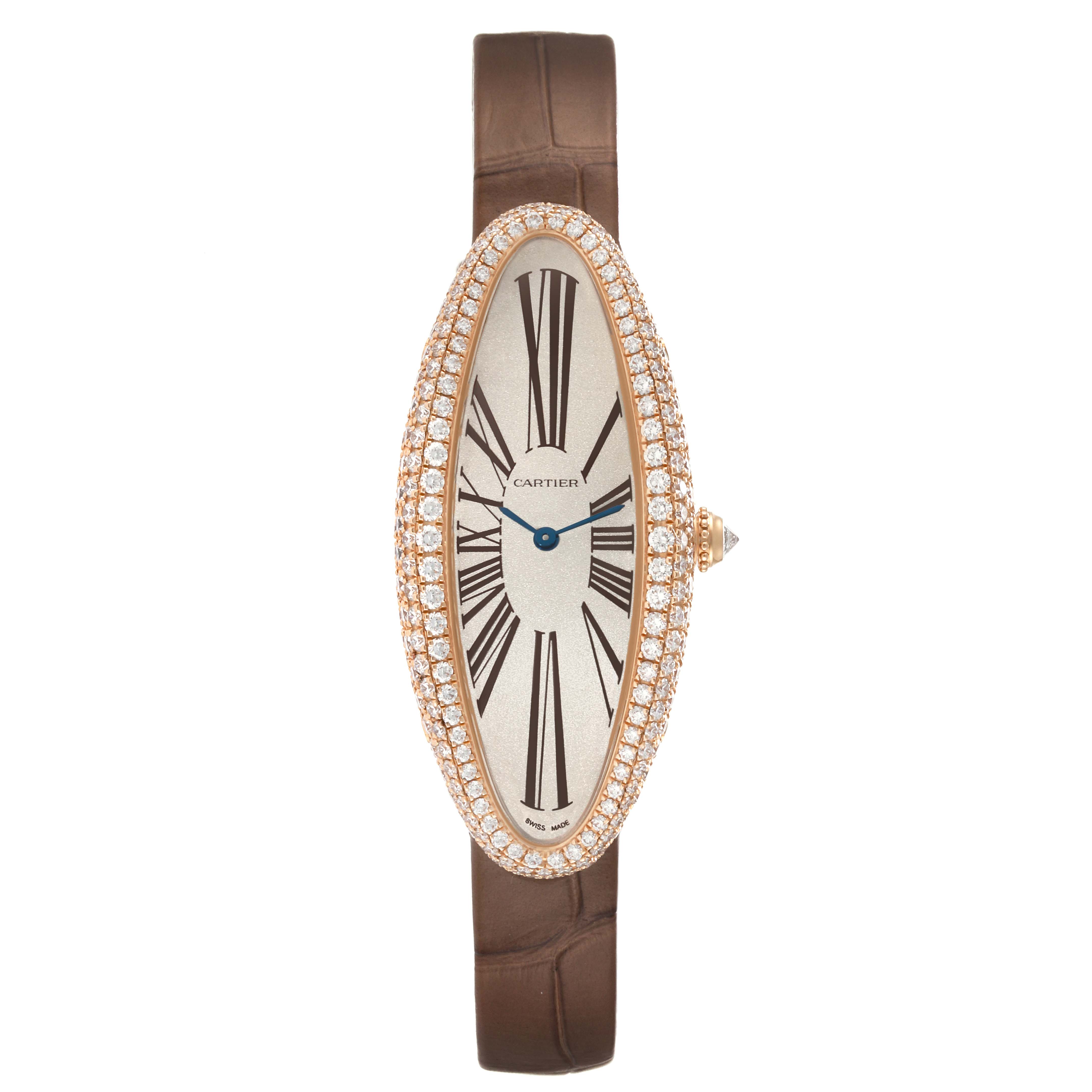 This image shows a front view of the Cartier Baignoire WJBA0006 Women's Rose Gold White Dial WJBA0006 Women's Rose Gold White Dial watch, highlighting its elongated oval face, diamond bezel, and brown leather strap.