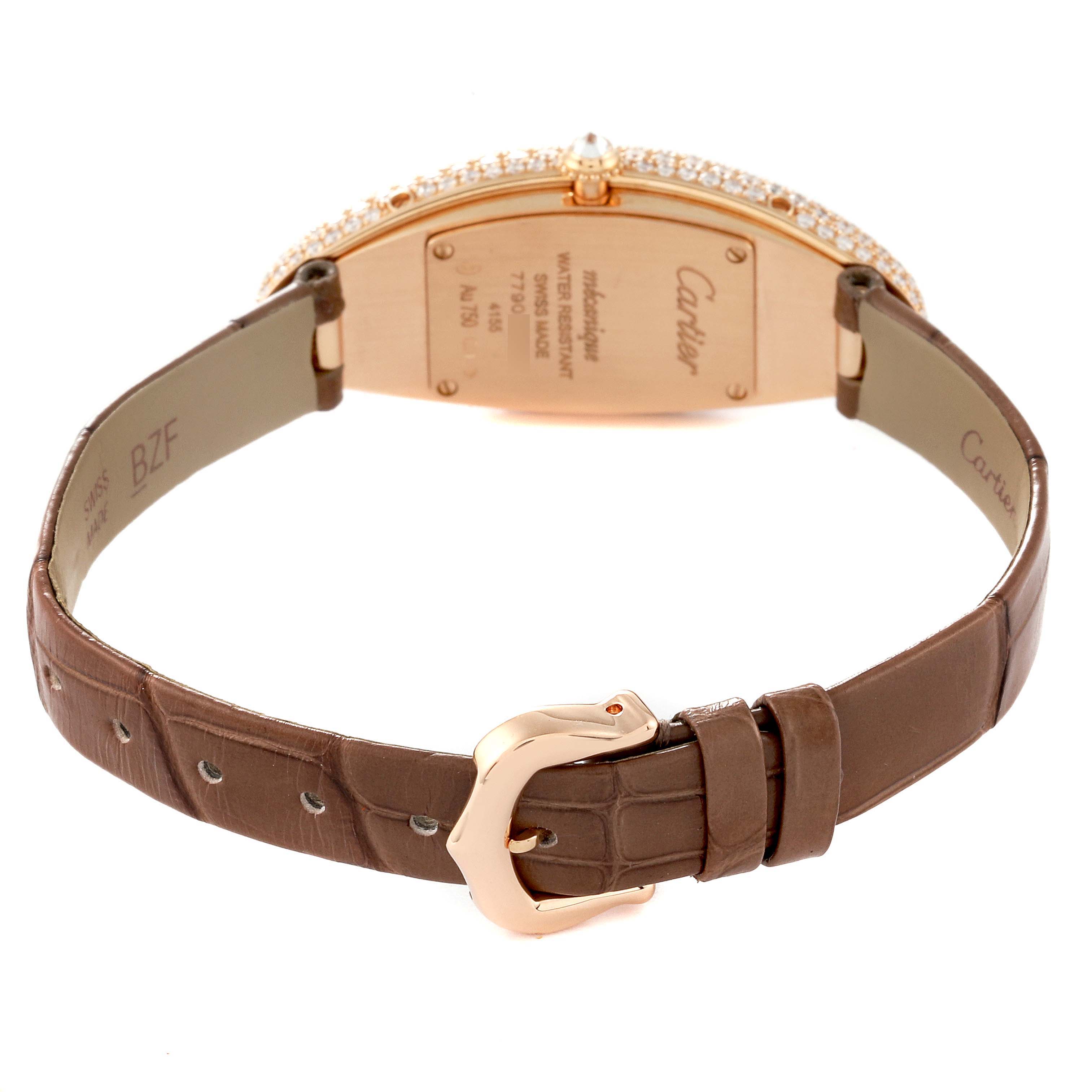 The image shows the back view of the Cartier Baignoire WJBA0006 Women's Rose Gold White Dial WJBA0006 Women's Rose Gold White Dial watch, highlighting its brown strap and buckle.