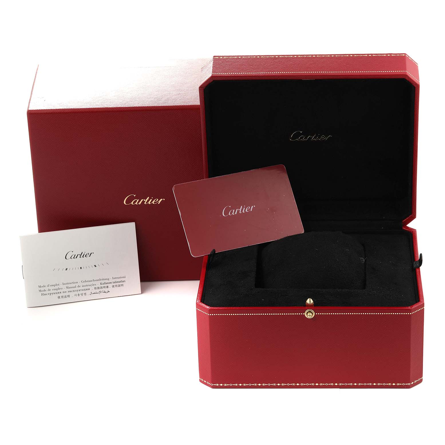 The image shows the red box, card, and papers of the Cartier Baignoire WJBA0006 Women's Rose Gold White Dial WJBA0006 Women's Rose Gold White Dial watch model, highlighting its packaging and accessories.