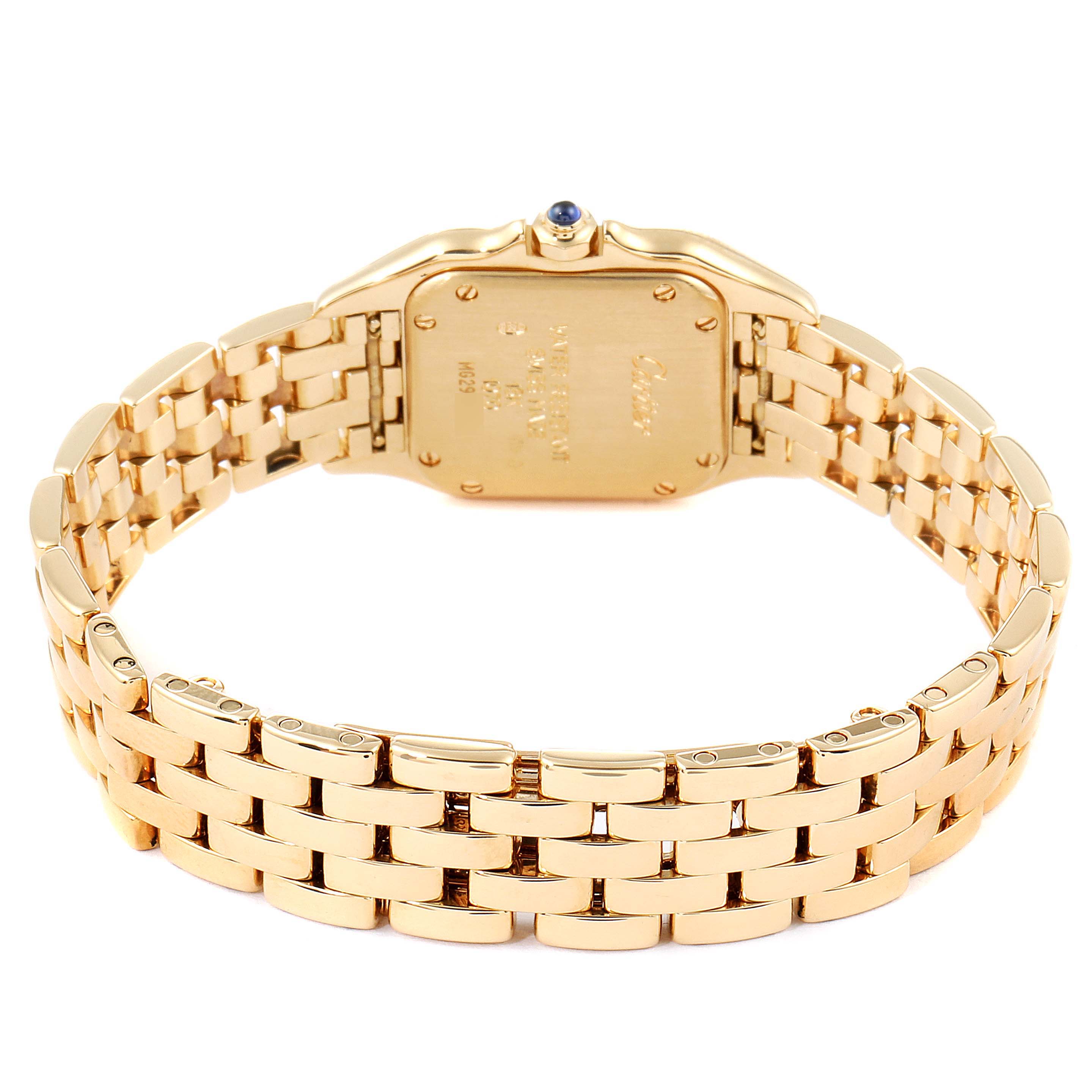 The image shows the backside of the Cartier Panthere W25022B9 Women
s Yellow Gold Silver Dial W25022B9 Women
s Yellow Gold Silver Dial watch and its gold bracelet.