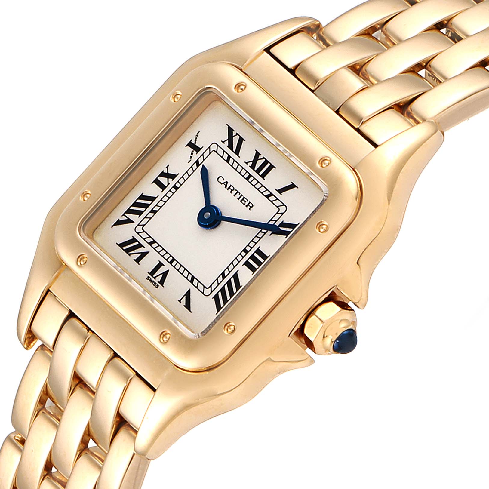 The Cartier Panthere W25022B9 Women
s Yellow Gold Silver Dial W25022B9 Women
s Yellow Gold Silver Dial watch is shown at an angled close-up, highlighting the face, Roman numerals, and part of the gold bracelet.