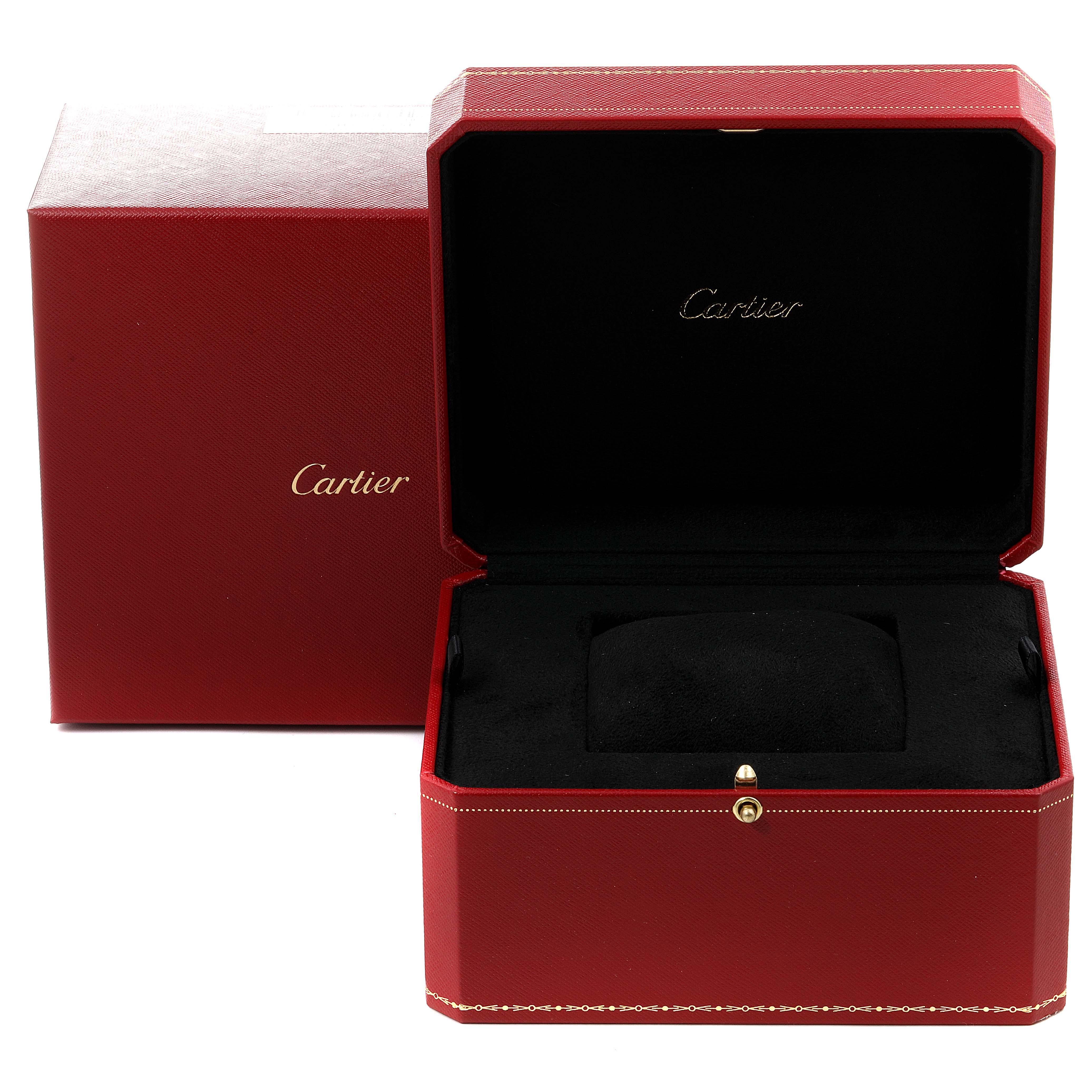 The image shows an open red Cartier box for the Panthere model watch, revealing a black interior with a cushion.