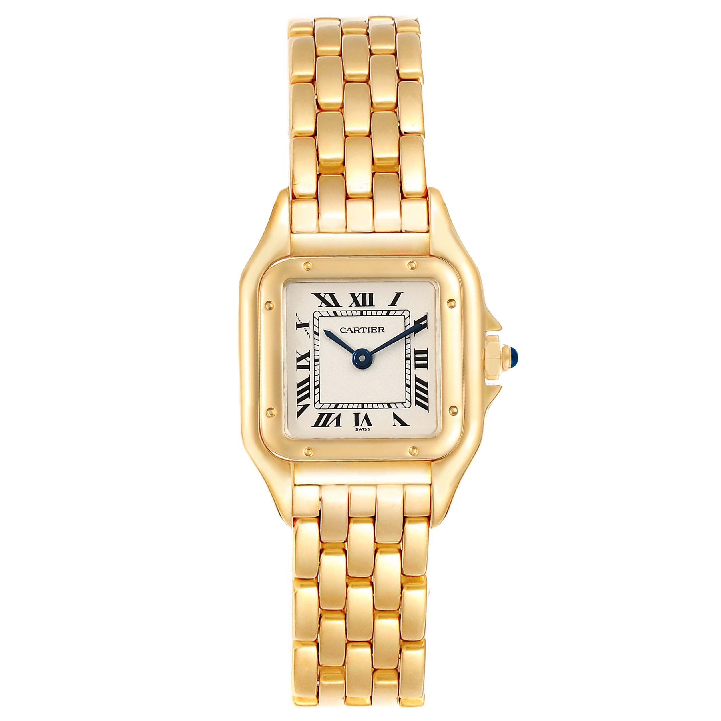 This is a front view of a gold Cartier Panthere W25022B9 Women
s Yellow Gold Silver Dial W25022B9 Women
s Yellow Gold Silver Dial watch showing its bracelet, dial, and face.