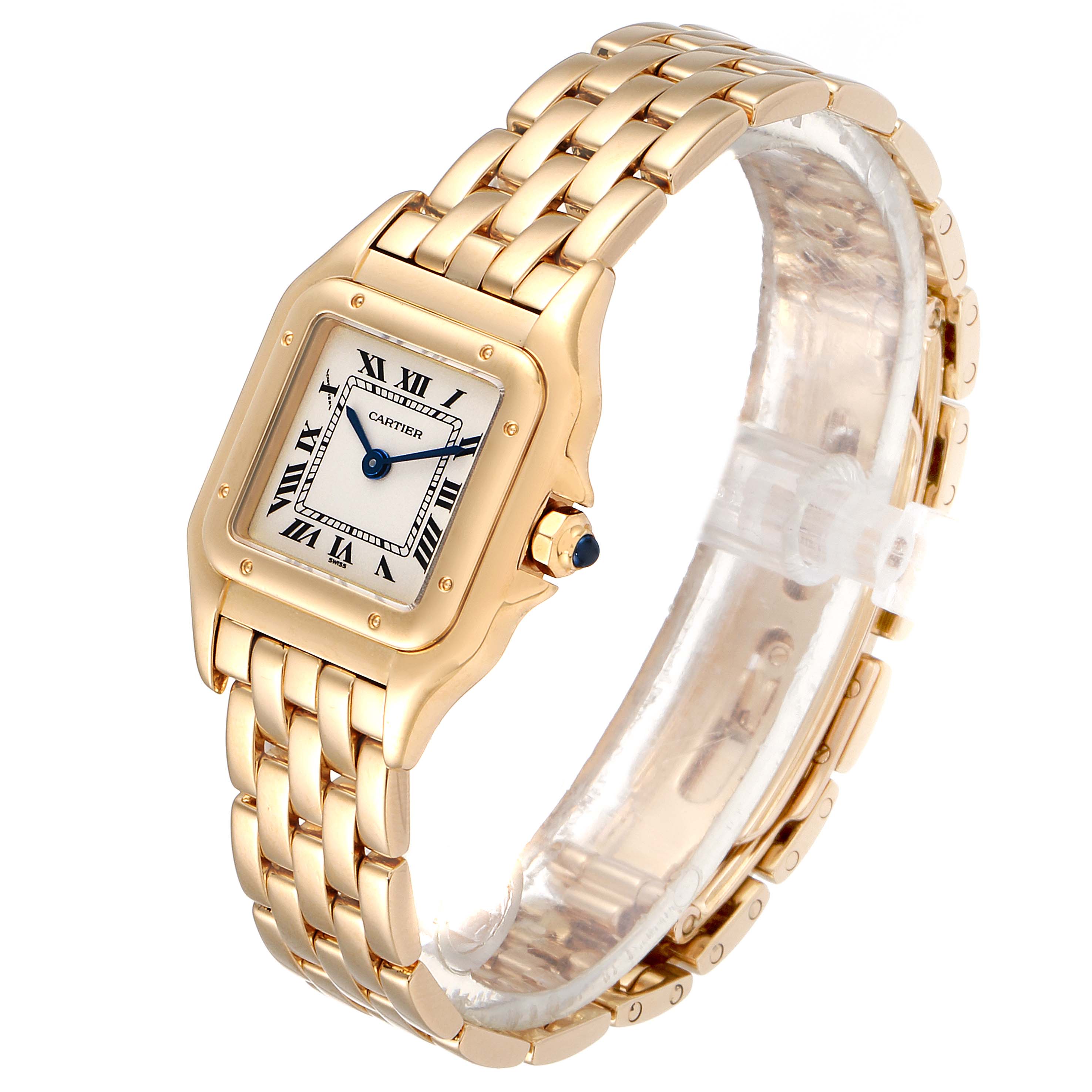 The watch shown is a Panthere model by Cartier, displayed at an angle highlighting its face, bezel, and bracelet.