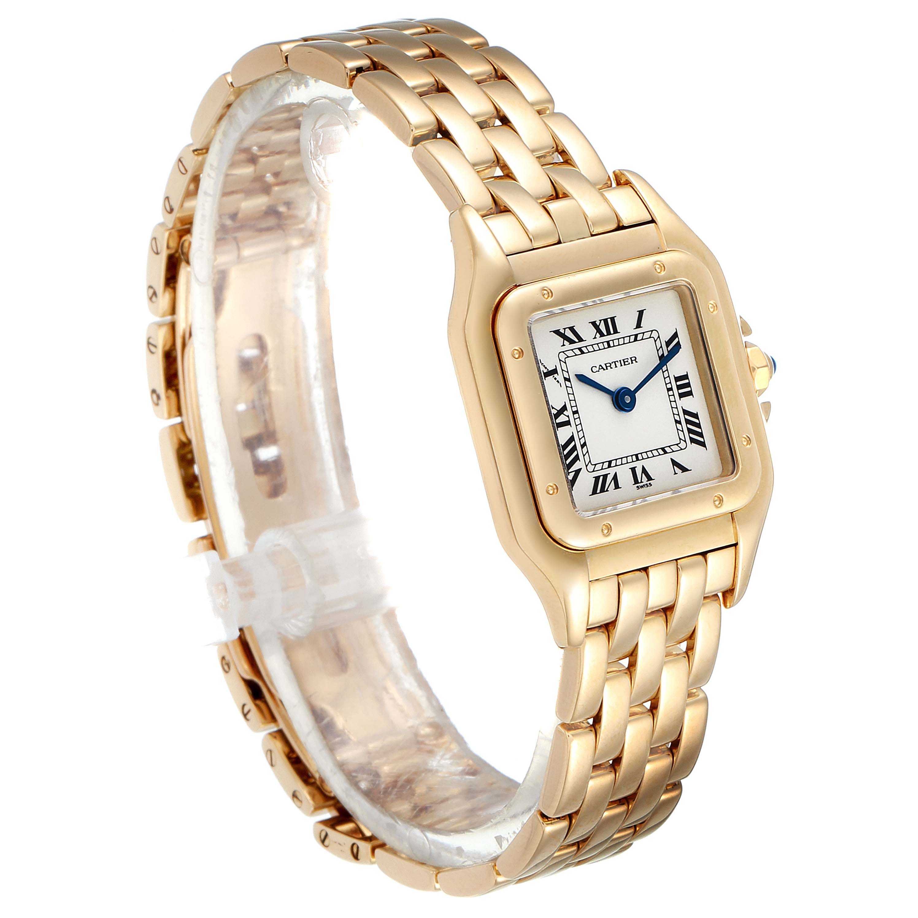 The image shows a Cartier Panthere W25022B9 Women
s Yellow Gold Silver Dial W25022B9 Women
s Yellow Gold Silver Dial watch angled to display the face, bracelet, and side profile.