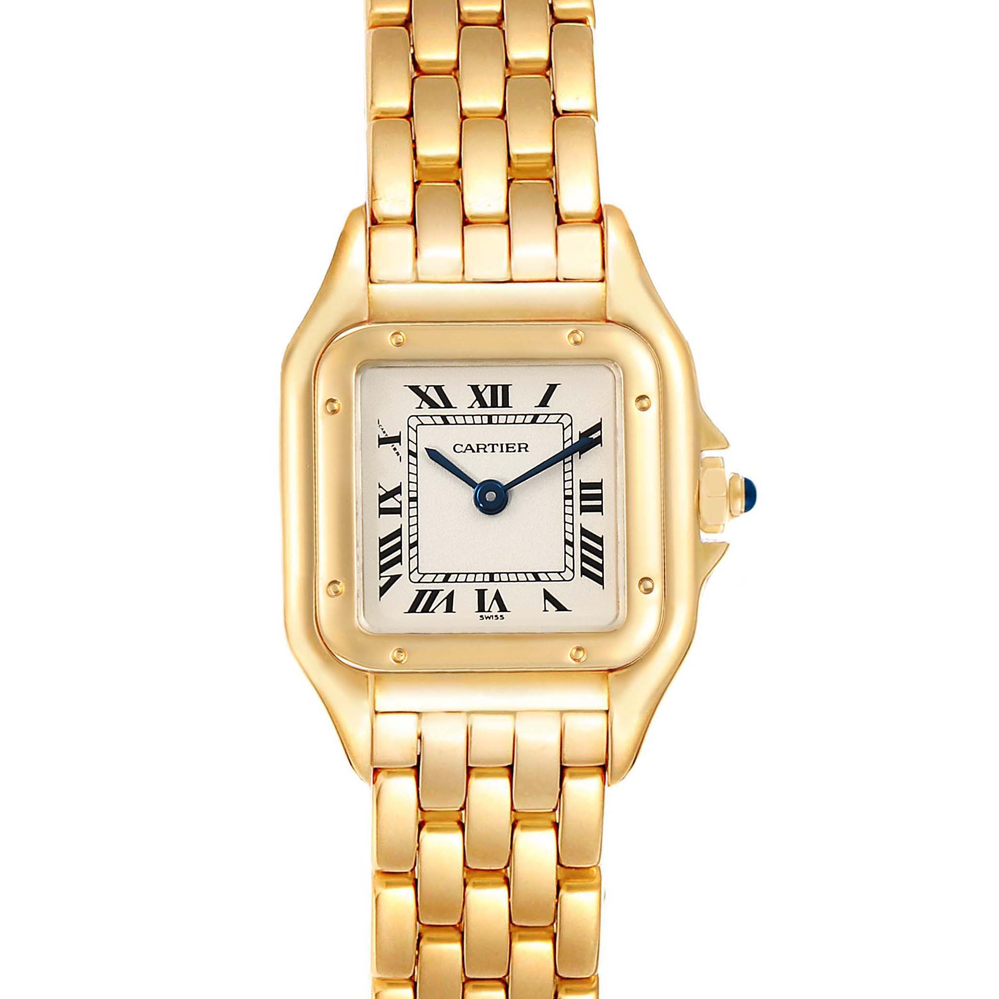 This image shows a frontal view of a Cartier Panthere W25022B9 Women
s Yellow Gold Silver Dial W25022B9 Women
s Yellow Gold Silver Dial watch, highlighting its gold case, bracelet, and Roman numeral dial.