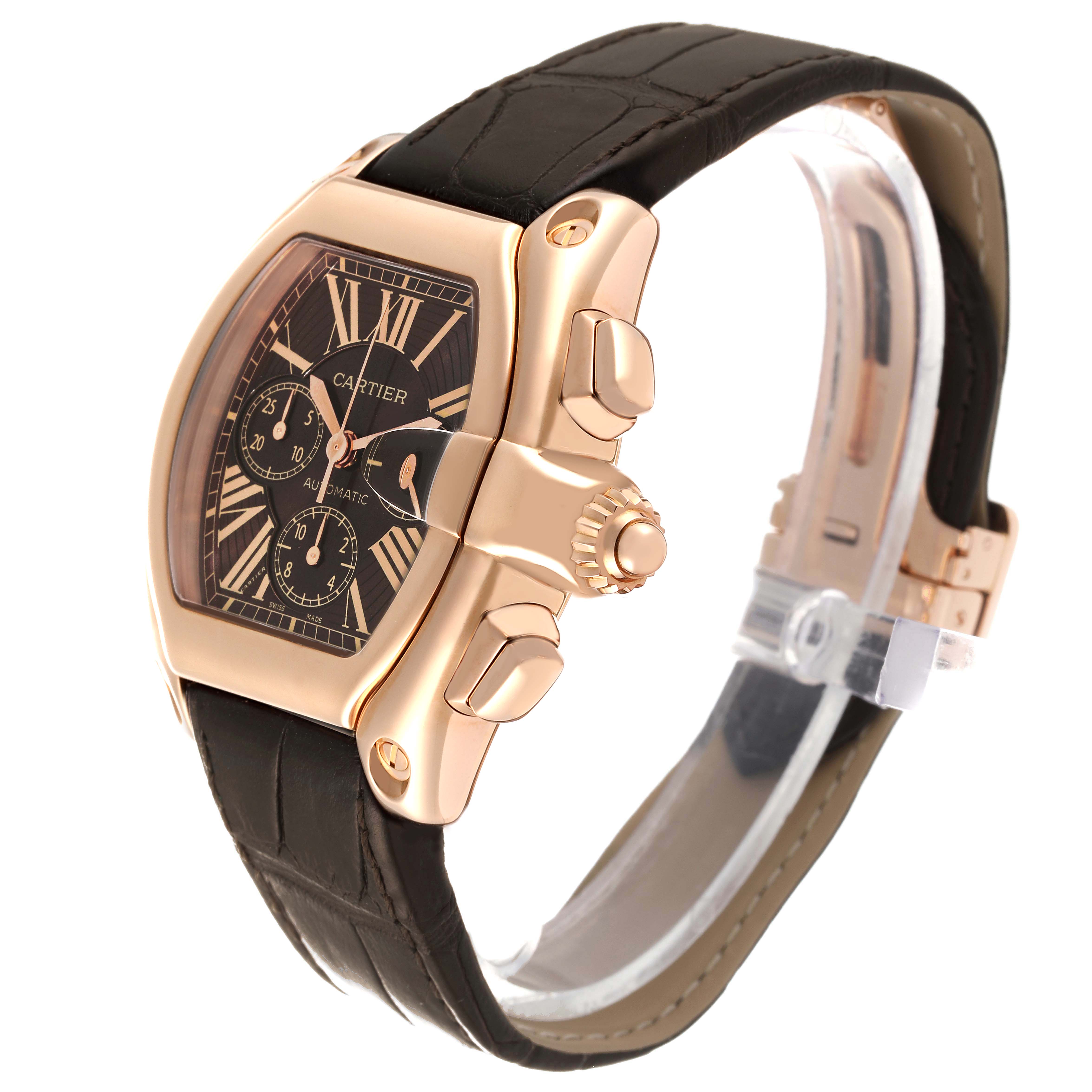 The Cartier Roadster W62042Y5 Men's Rose Gold Brown Dial W62042Y5 Men's Rose Gold Brown Dial watch is shown at an angled view, highlighting the face, crown, chronographs, and leather strap.