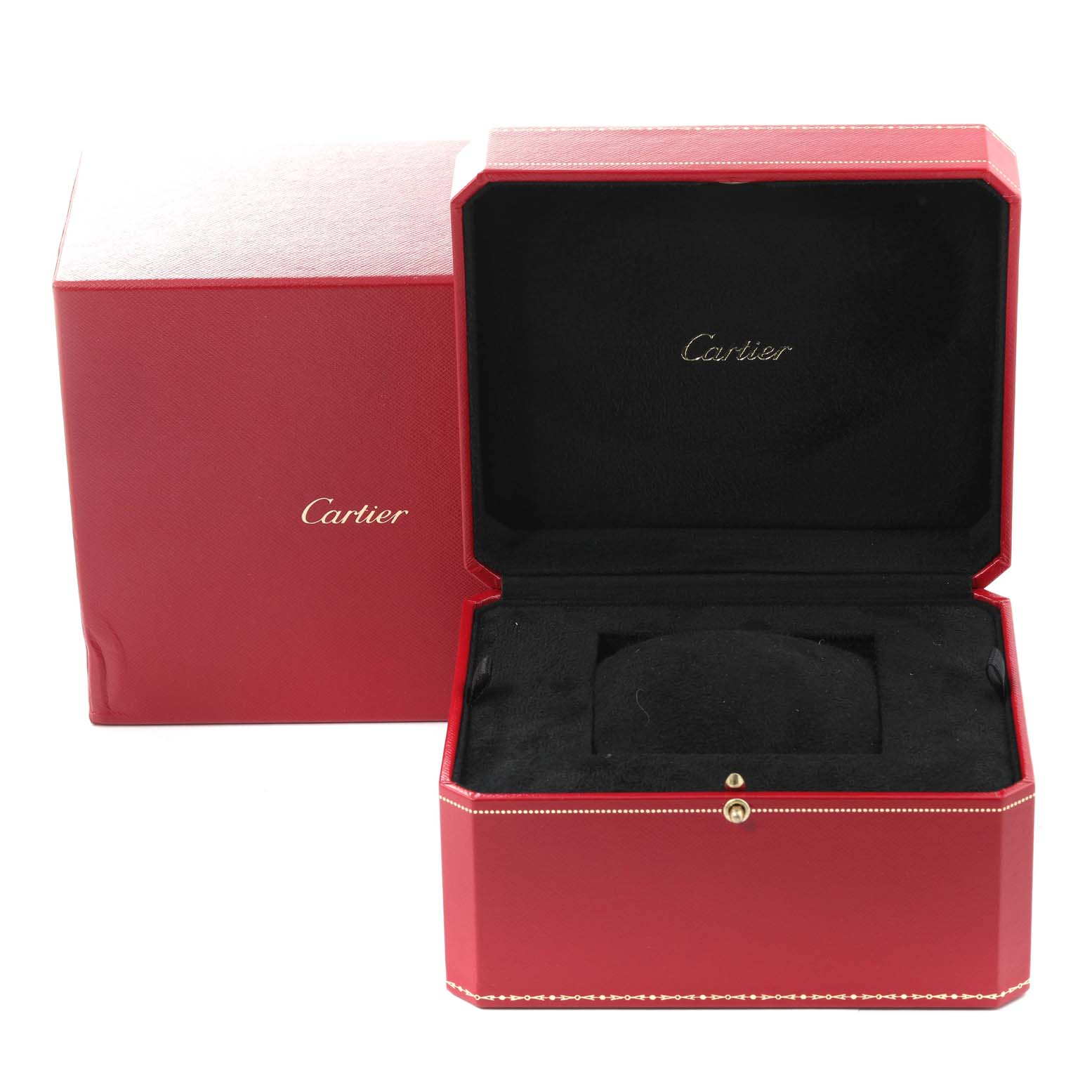 This image shows an open red Cartier box for the Roadster model watch with the brand's name displayed inside.