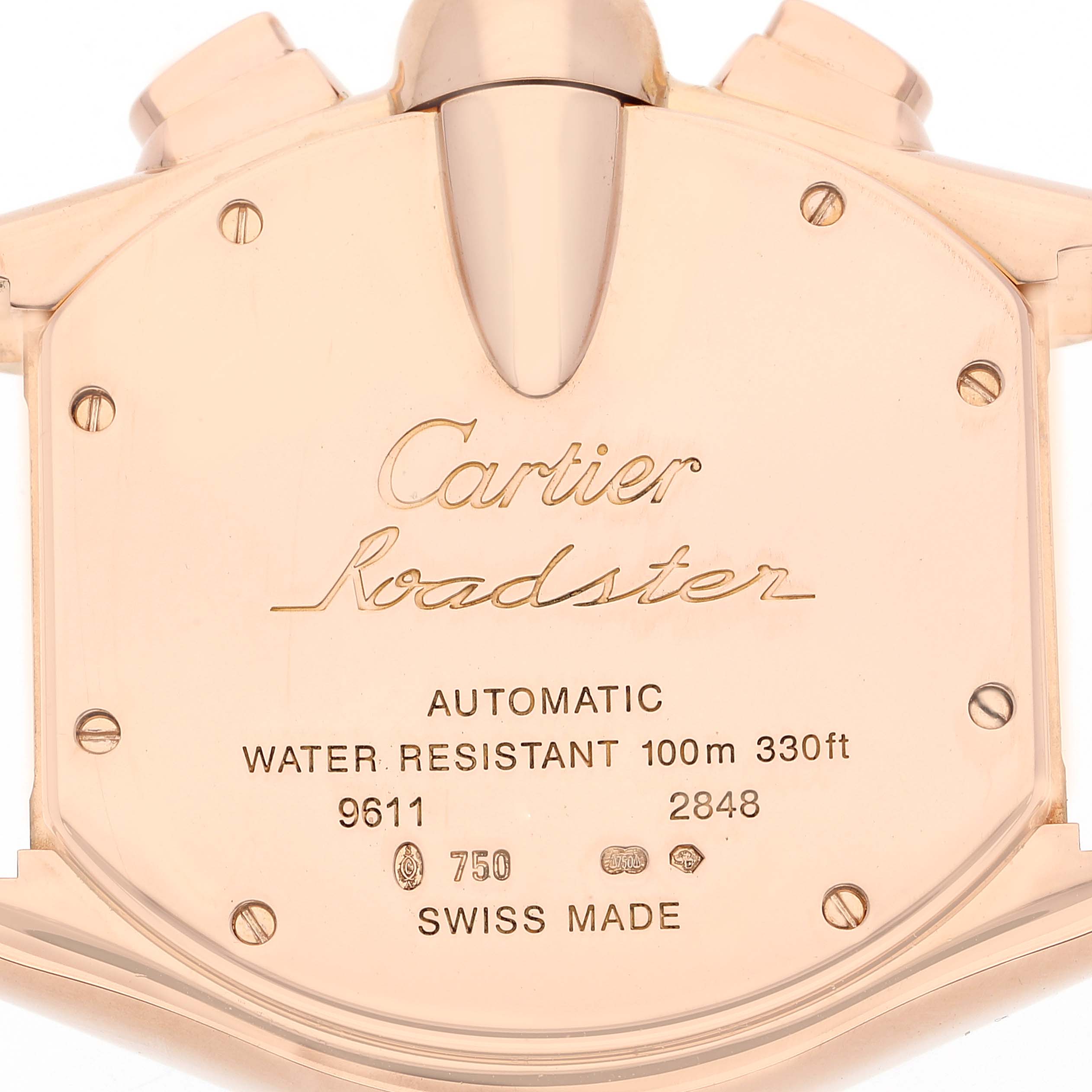 This image shows the back case of the Cartier Roadster W62042Y5 Men's Rose Gold Brown Dial W62042Y5 Men's Rose Gold Brown Dial watch detailing specifications.