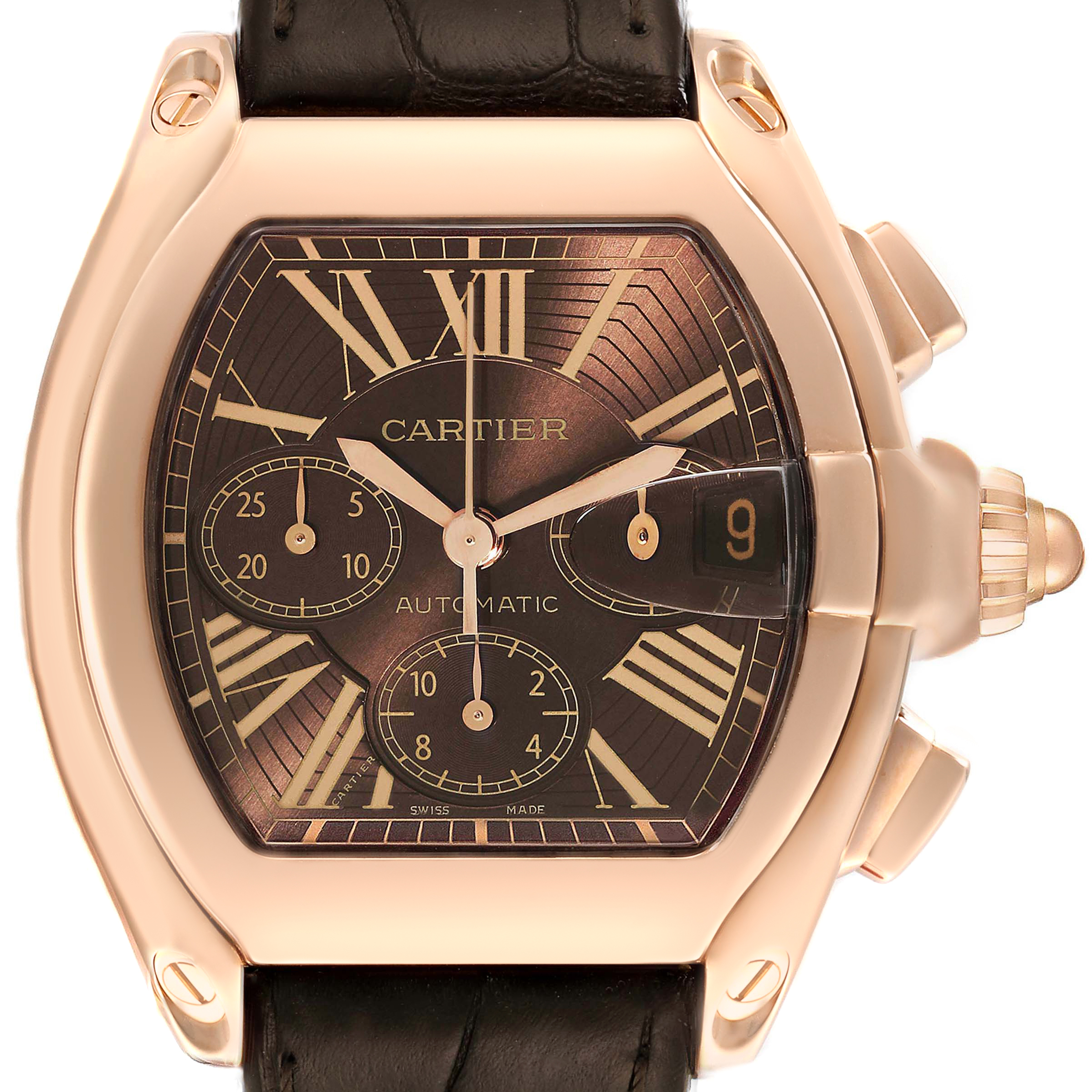 This image shows a front view of the Cartier Roadster W62042Y5 Men's Rose Gold Brown Dial W62042Y5 Men's Rose Gold Brown Dial watch, featuring its dial, Roman numerals, subdials, and date window.