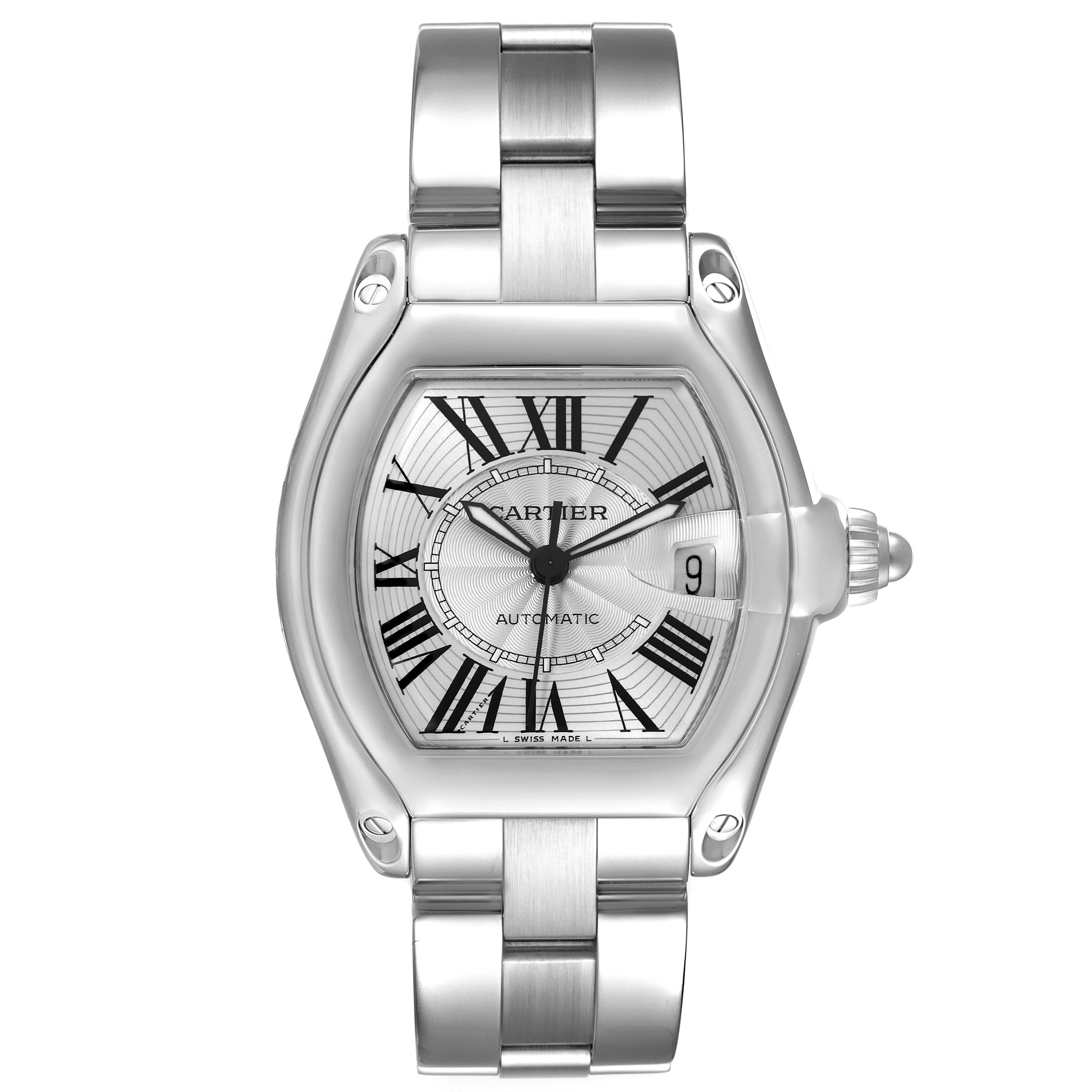This image shows a Cartier Roadster W62025V3 Men
s Stainless Steel Silver Dial W62025V3 Men
s Stainless Steel Silver Dial watch from a top-down angle, highlighting the face, bezel, and part of the bracelet.