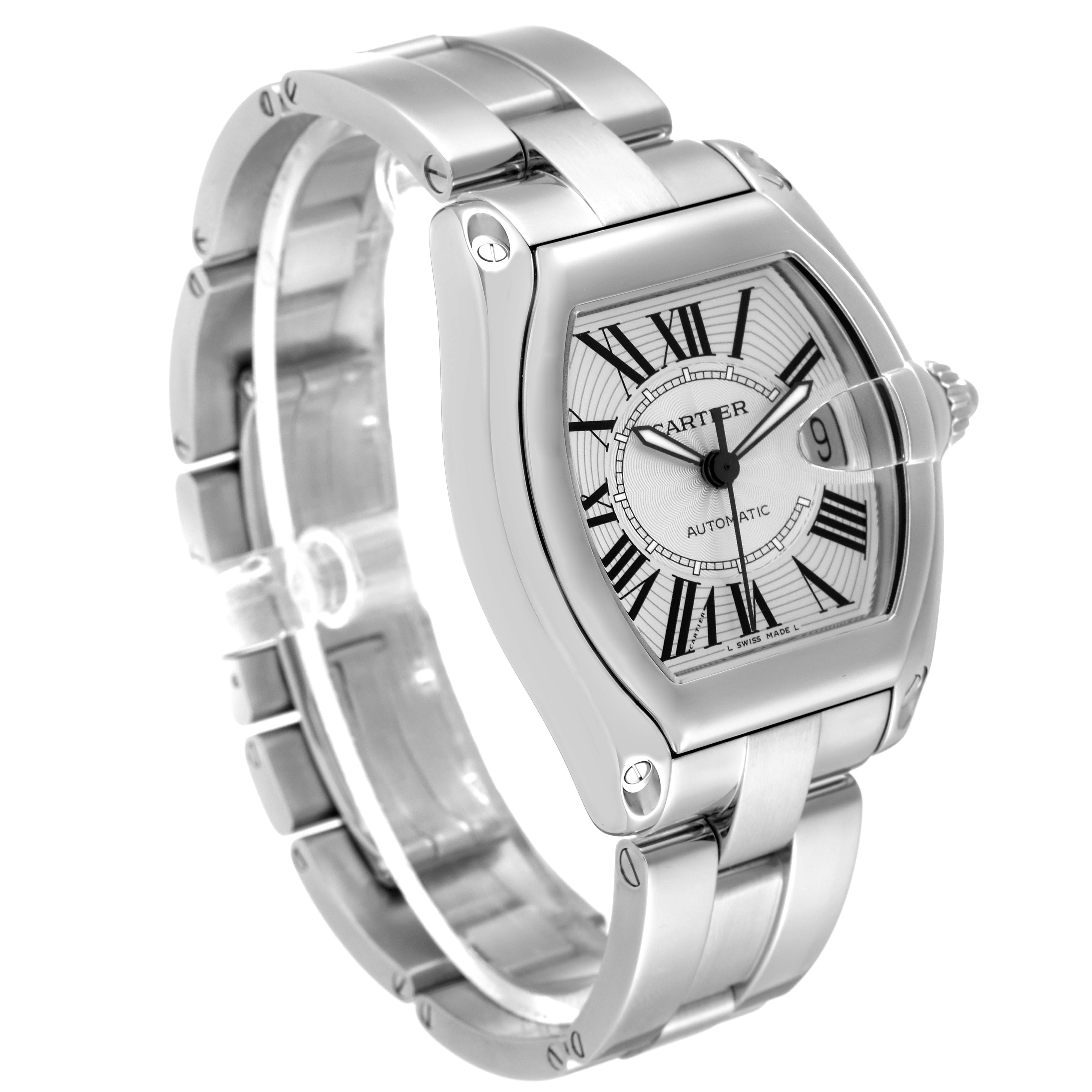 This image shows a Cartier Roadster W62025V3 Men
s Stainless Steel Silver Dial W62025V3 Men
s Stainless Steel Silver Dial watch at a three-quarter angle, displaying the face, bezel, and stainless steel bracelet.