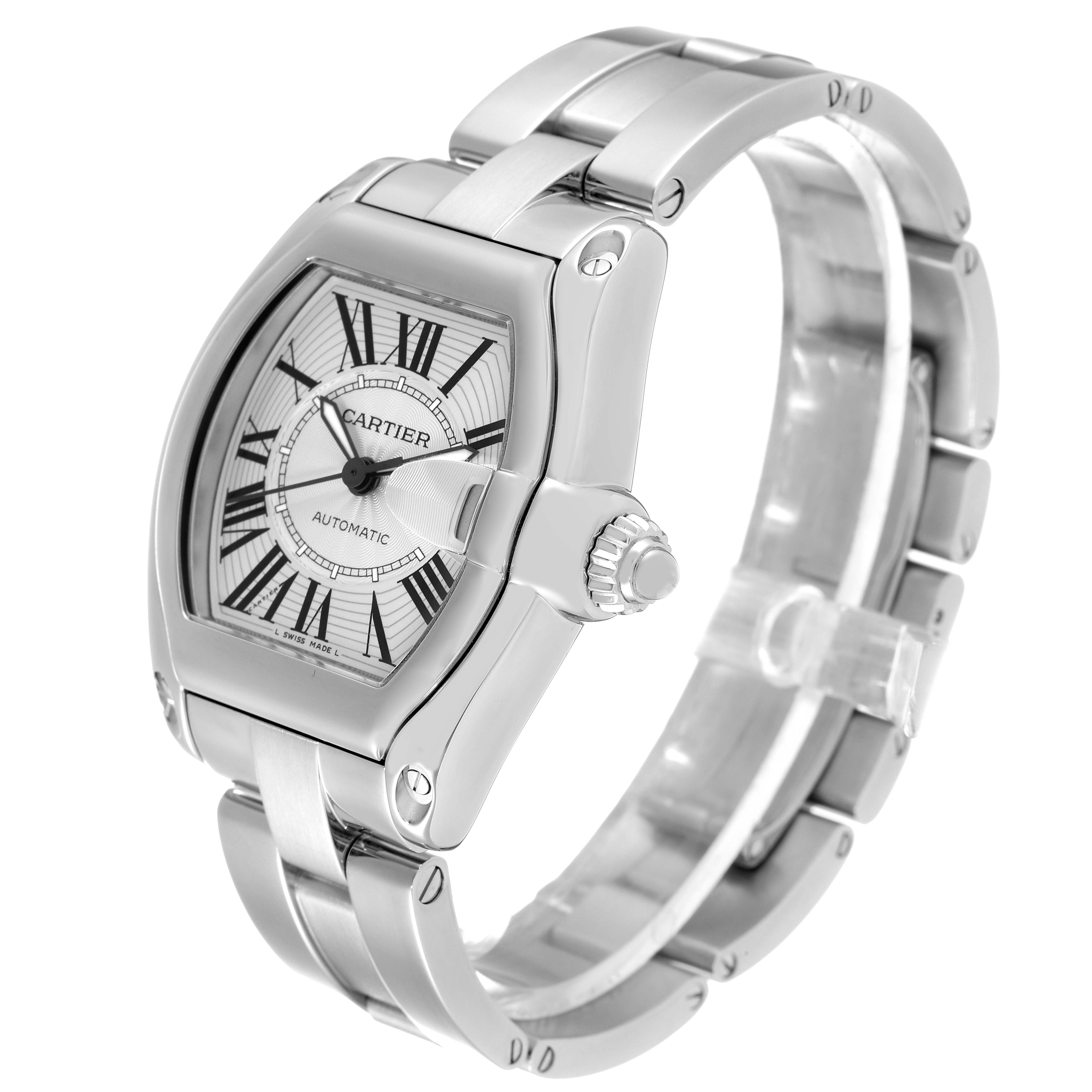 The image shows a side angle view of the Cartier Roadster W62025V3 Men
s Stainless Steel Silver Dial W62025V3 Men
s Stainless Steel Silver Dial watch, highlighting the face, crown, and metal bracelet.