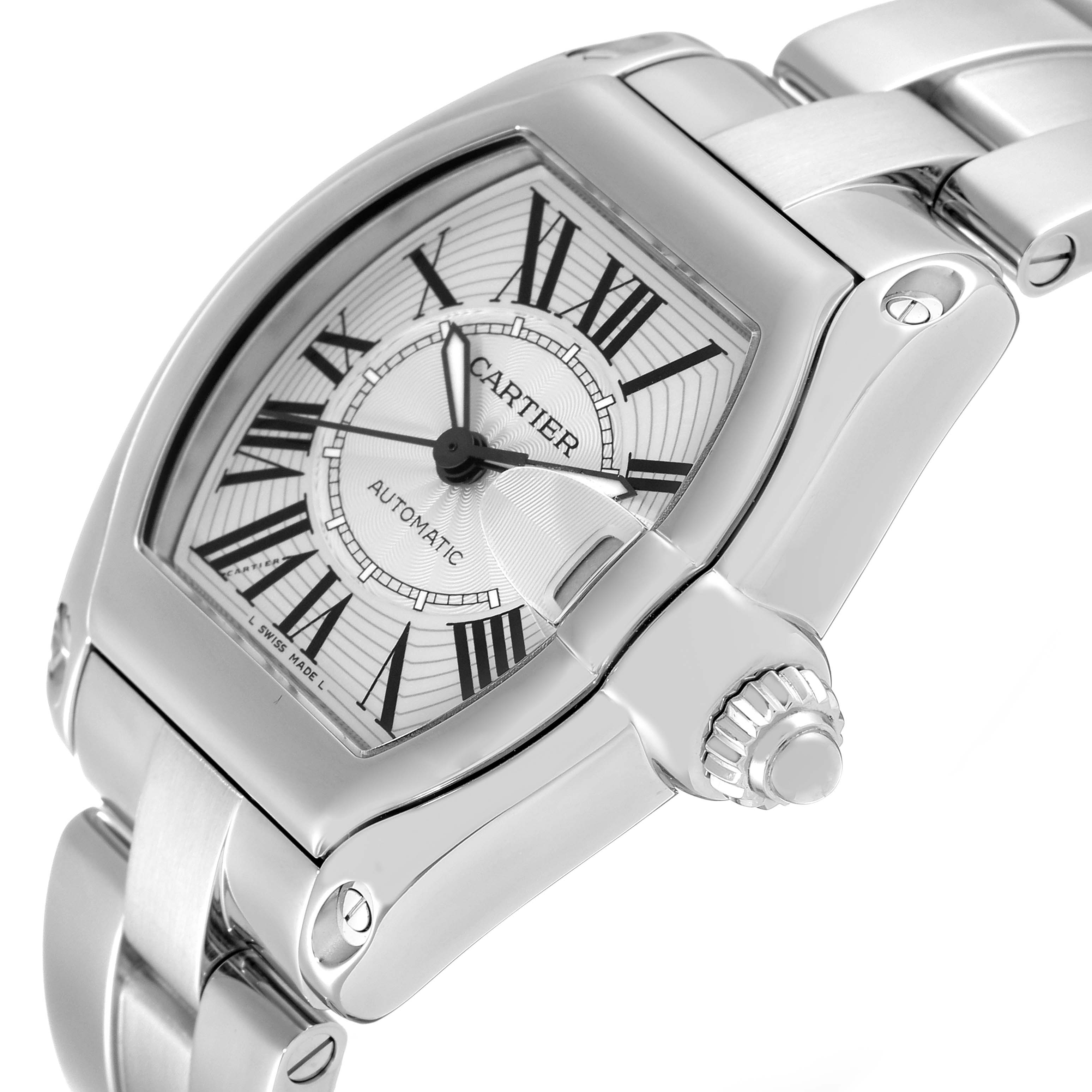 The image shows a close-up angle of the Cartier Roadster W62025V3 Men
s Stainless Steel Silver Dial W62025V3 Men
s Stainless Steel Silver Dial watch, highlighting the dial, crown, and a portion of the bracelet.