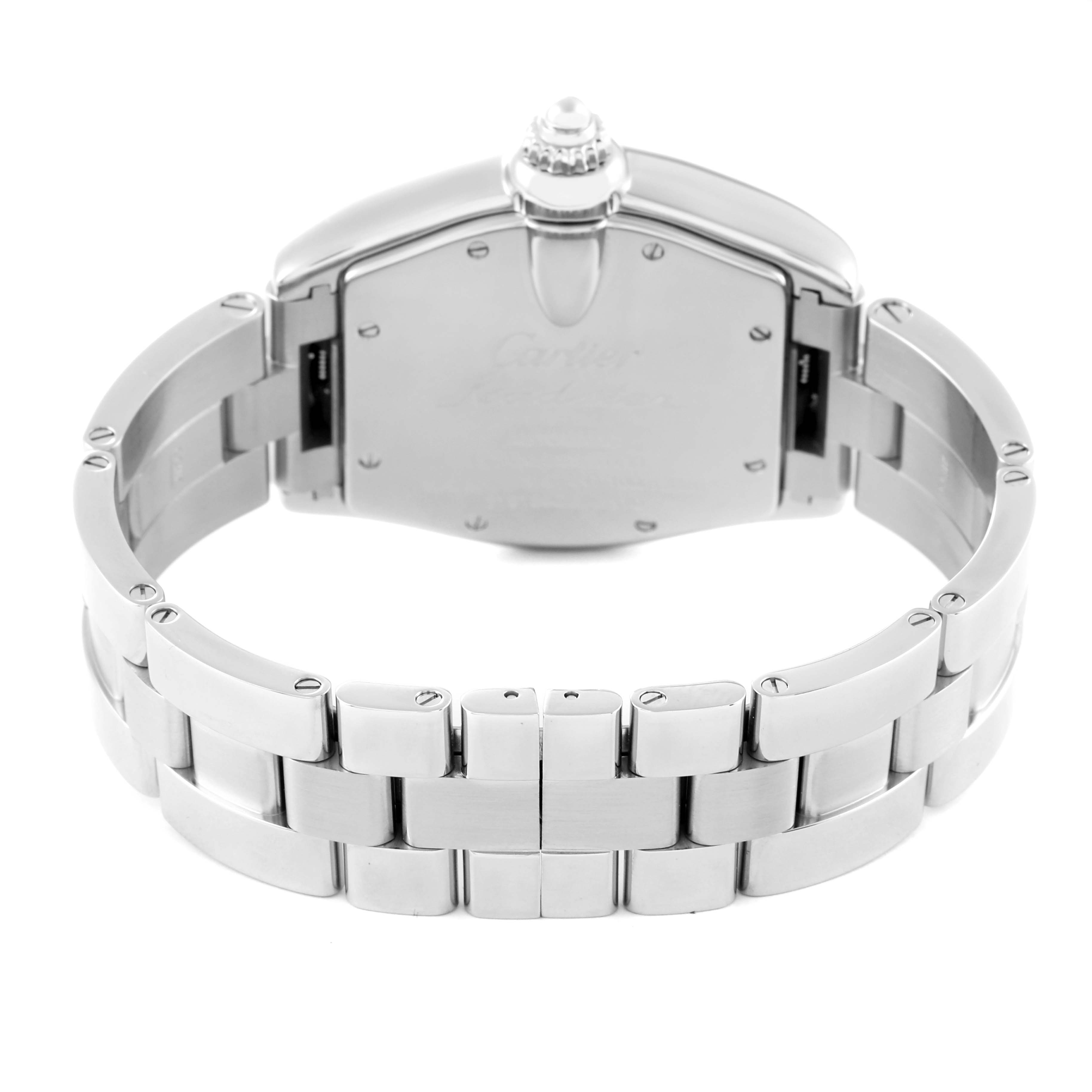 This photo shows the back view of the Cartier Roadster W62025V3 Men
s Stainless Steel Silver Dial W62025V3 Men
s Stainless Steel Silver Dial watch, highlighting its bracelet and case back.