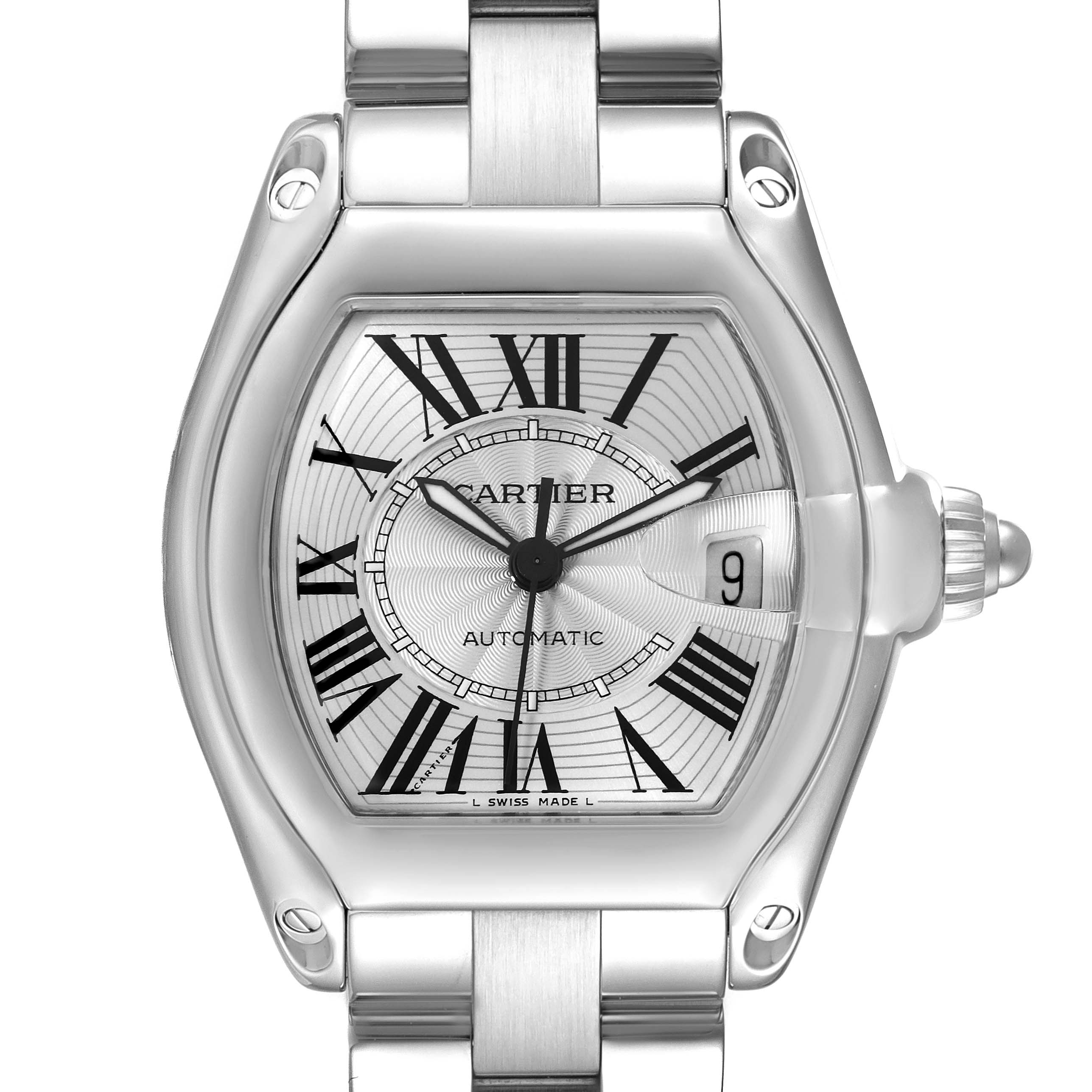 This image shows a front view of the Cartier Roadster W62025V3 Men
s Stainless Steel Silver Dial W62025V3 Men
s Stainless Steel Silver Dial watch, highlighting the dial, hands, and part of the bracelet.