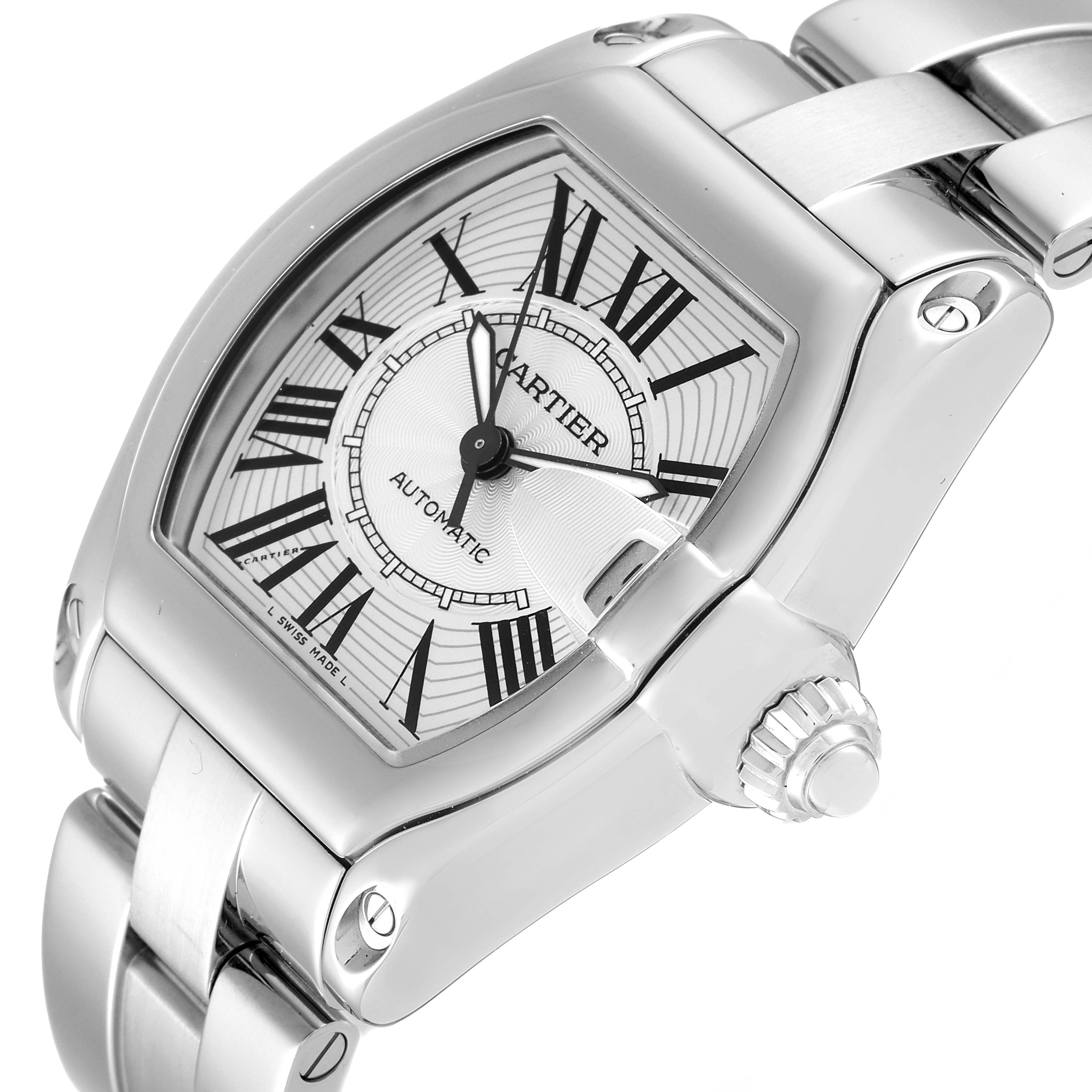This image shows a top angled view of the Cartier Roadster W62025V3 Men
s Stainless Steel Silver Dial W62025V3 Men
s Stainless Steel Silver Dial watch, highlighting the curved case, dial, and part of the bracelet.