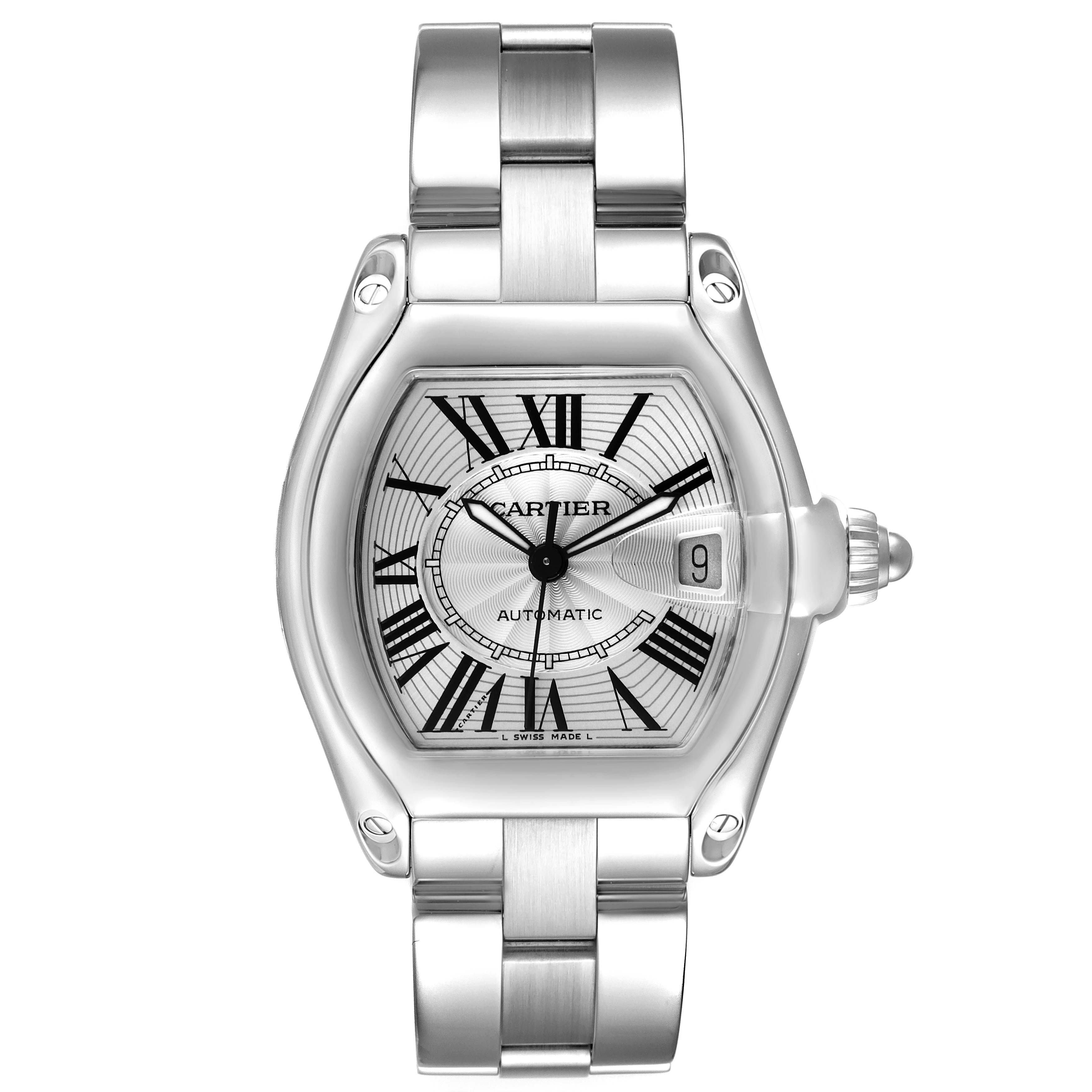 The Cartier Roadster W62025V3 Men
s Stainless Steel Silver Dial W62025V3 Men
s Stainless Steel Silver Dial watch is shown from a front angle, highlighting its face, dial, and metal bracelet.