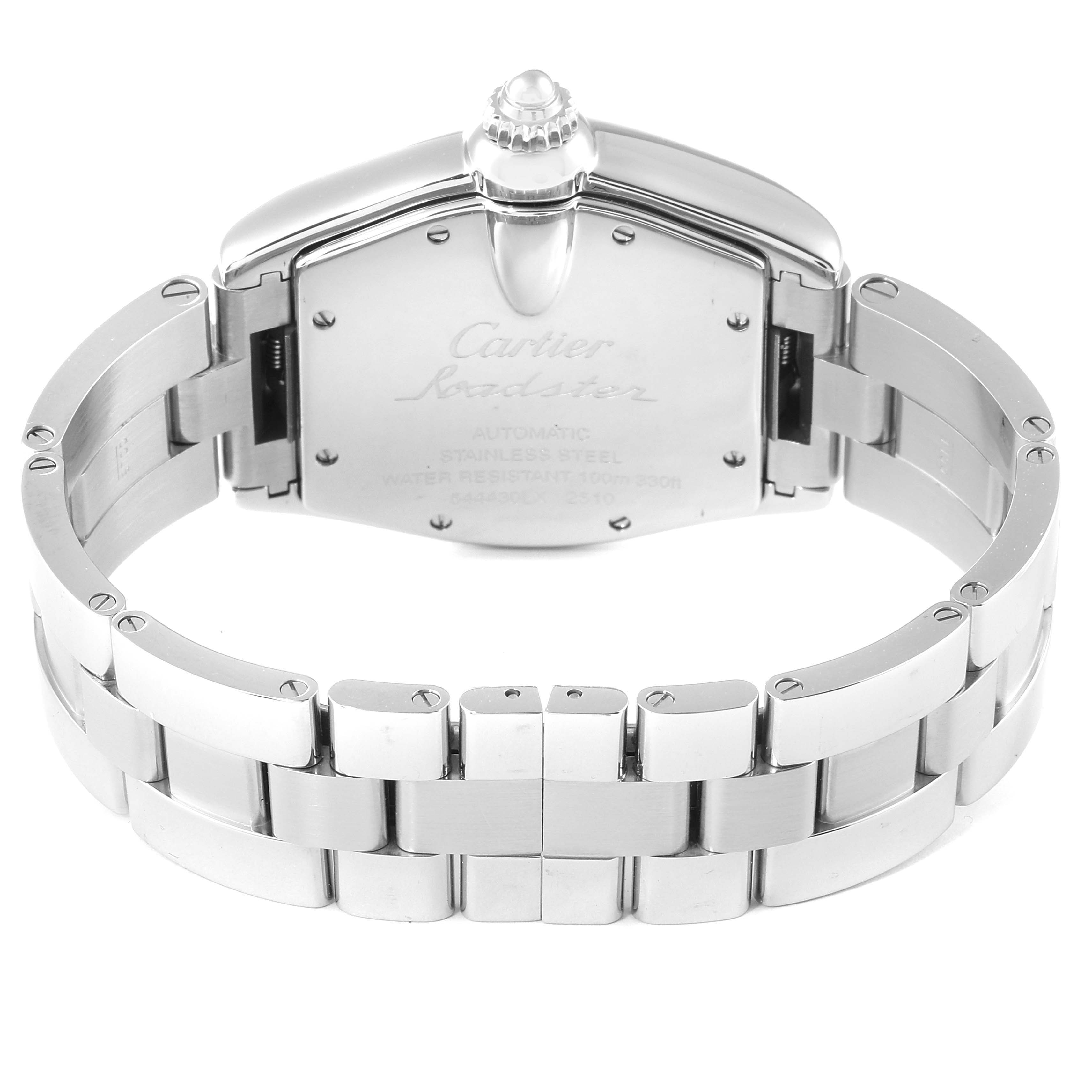 The image shows the back view of the Cartier Roadster W62025V3 Men
s Stainless Steel Silver Dial W62025V3 Men
s Stainless Steel Silver Dial watch, highlighting the bracelet and case back.