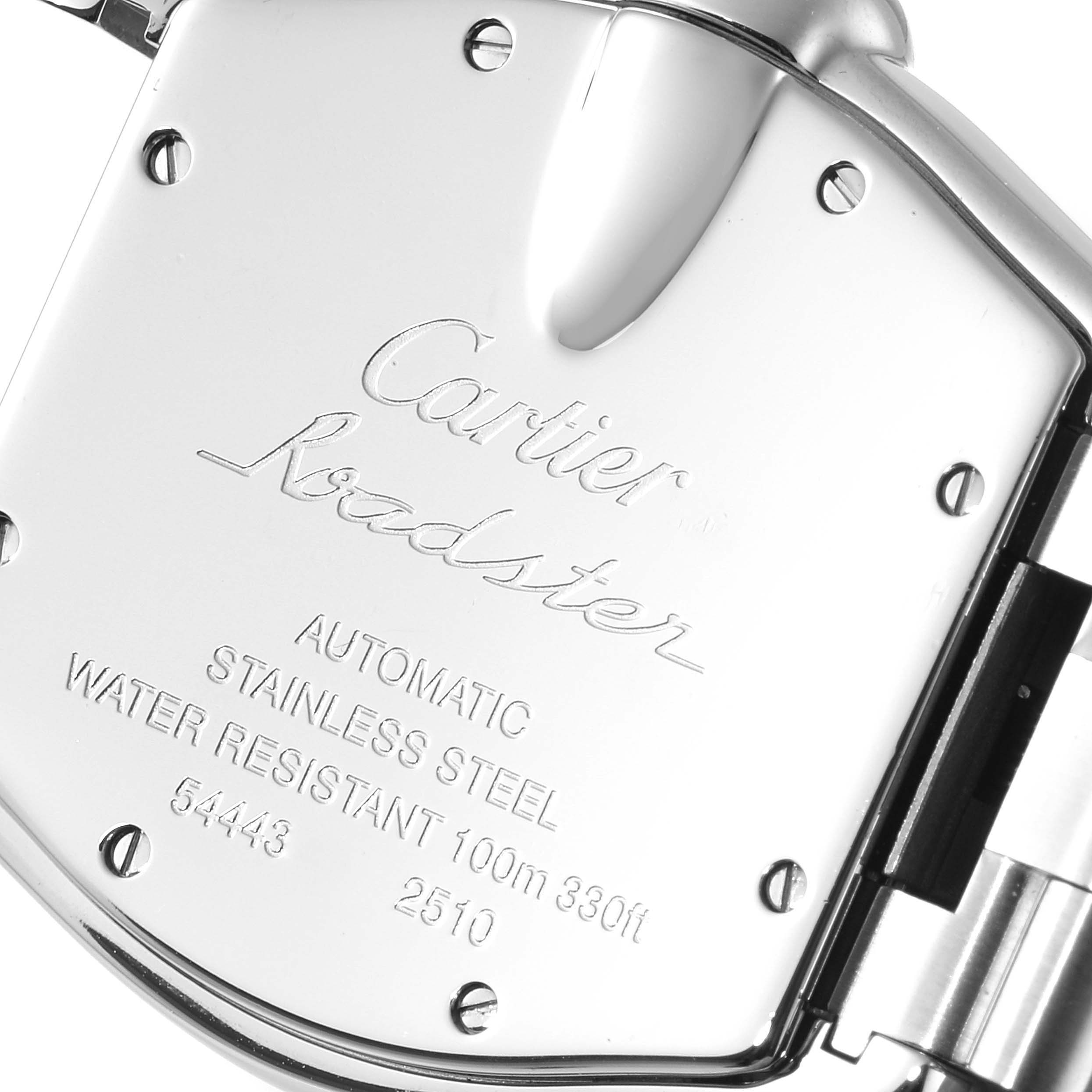 The image shows the back case of a Cartier Roadster W62025V3 Men
s Stainless Steel Silver Dial W62025V3 Men
s Stainless Steel Silver Dial watch, displaying details about its material and water resistance.
