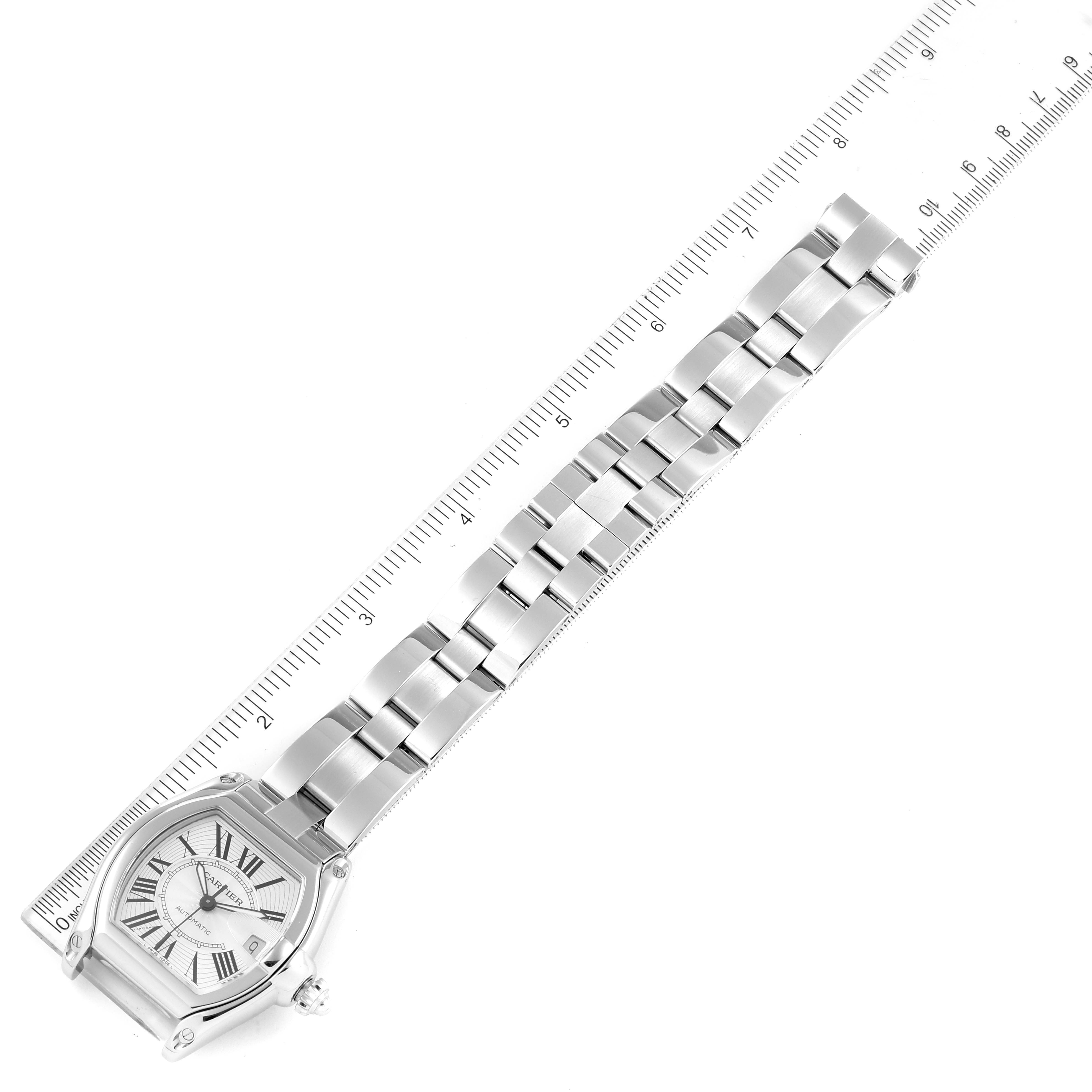 This image shows the Cartier Roadster W62025V3 Men
s Stainless Steel Silver Dial W62025V3 Men
s Stainless Steel Silver Dial watch from a top-down angle, highlighting its face and full metal bracelet.
