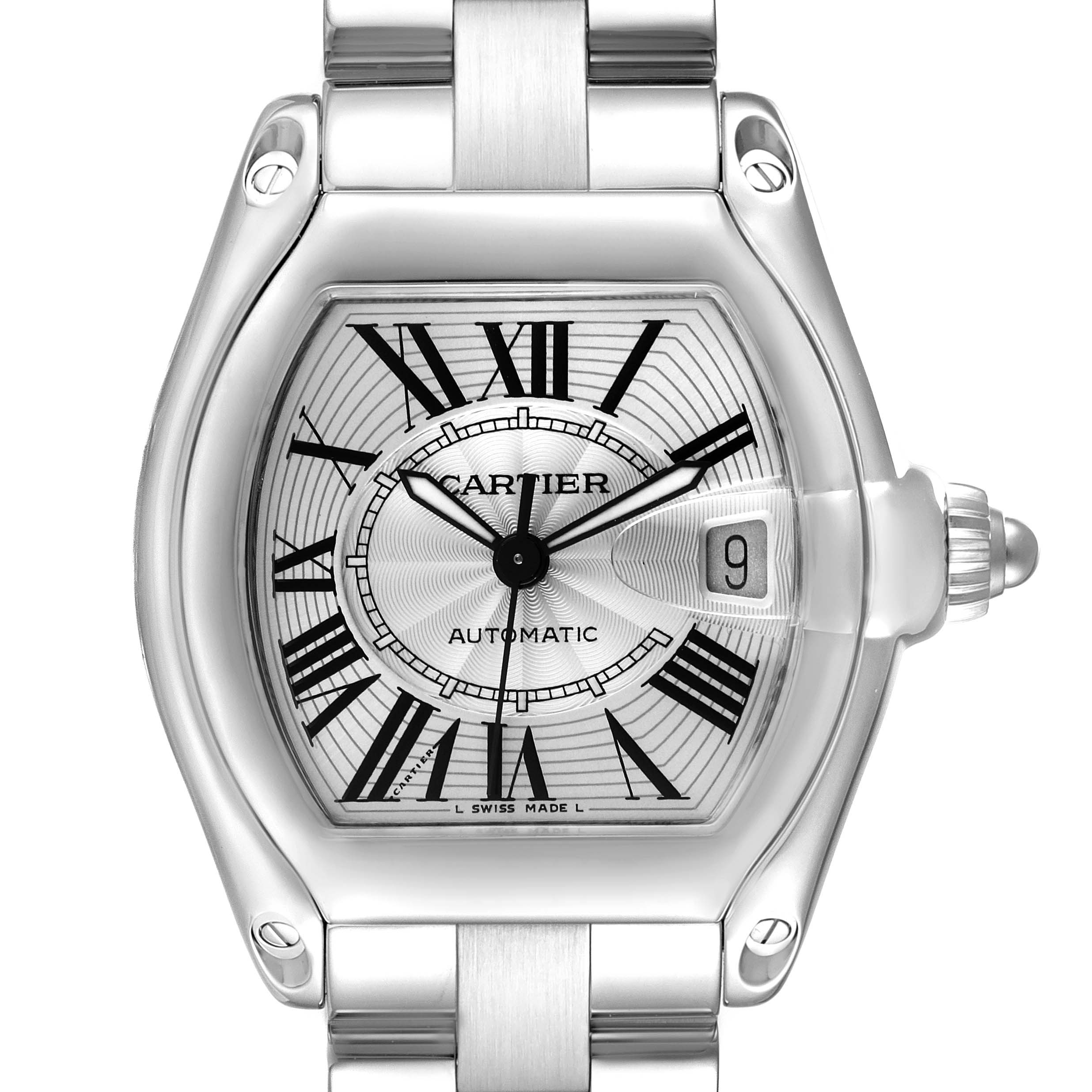The image shows a front view of the Cartier Roadster W62025V3 Men
s Stainless Steel Silver Dial W62025V3 Men
s Stainless Steel Silver Dial watch, highlighting its face, dial, and part of the bracelet.