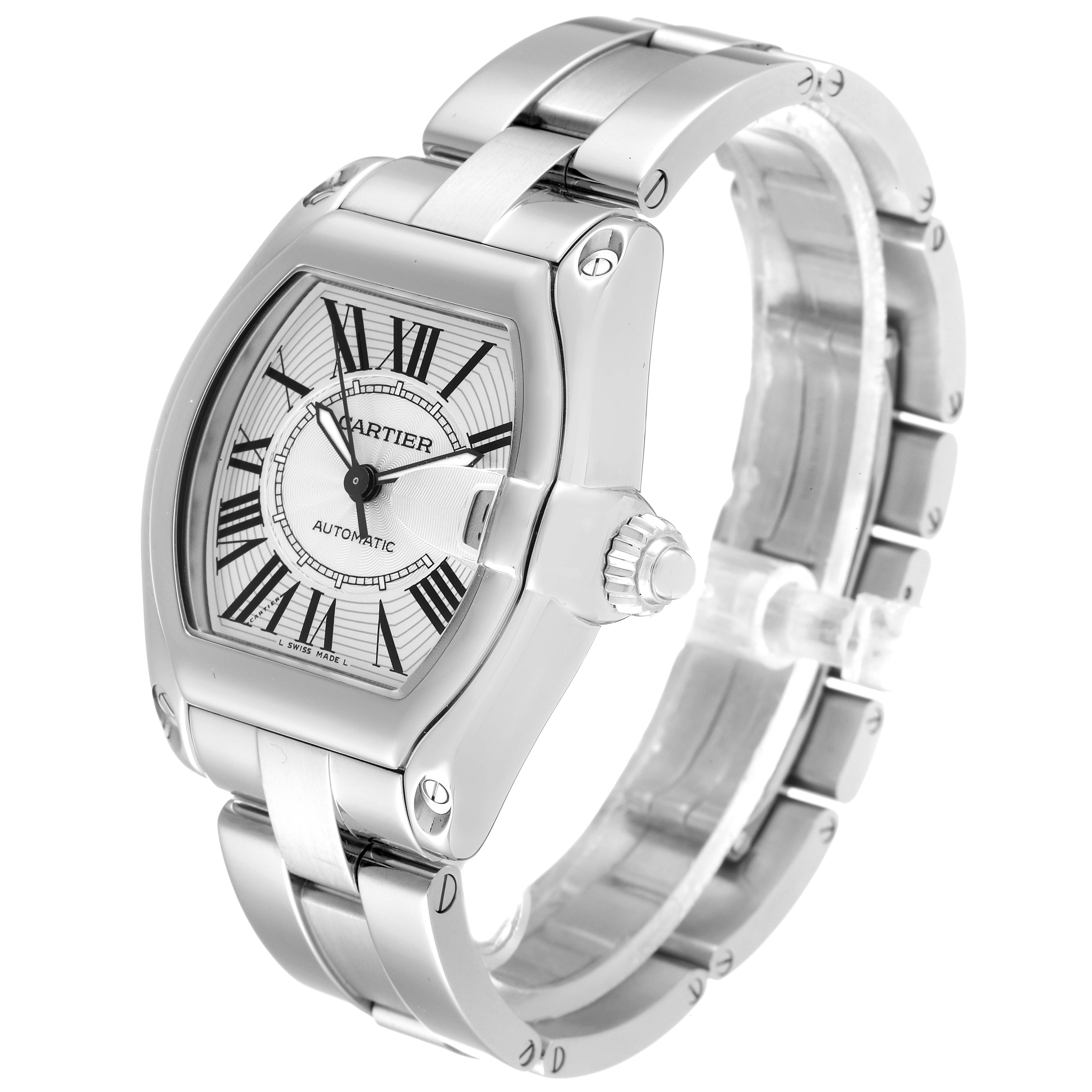 This image shows a Cartier Roadster W62025V3 Men
s Stainless Steel Silver Dial W62025V3 Men
s Stainless Steel Silver Dial watch at a front-left angle, highlighting its case, dial, bracelet, and crown.