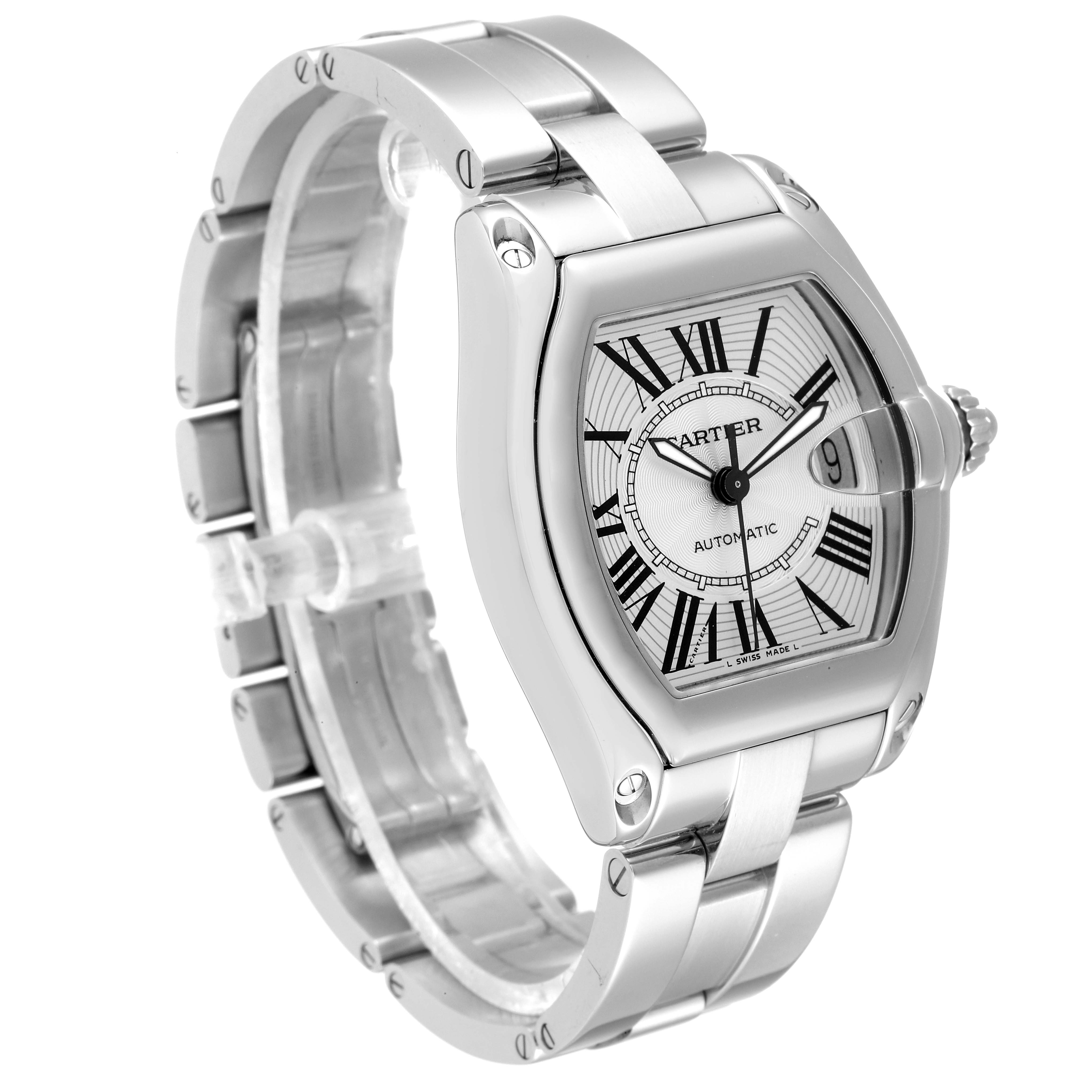 The Cartier Roadster W62025V3 Men
s Stainless Steel Silver Dial W62025V3 Men
s Stainless Steel Silver Dial watch is shown from a three-quarter view, highlighting the dial, bracelet, and side crown.