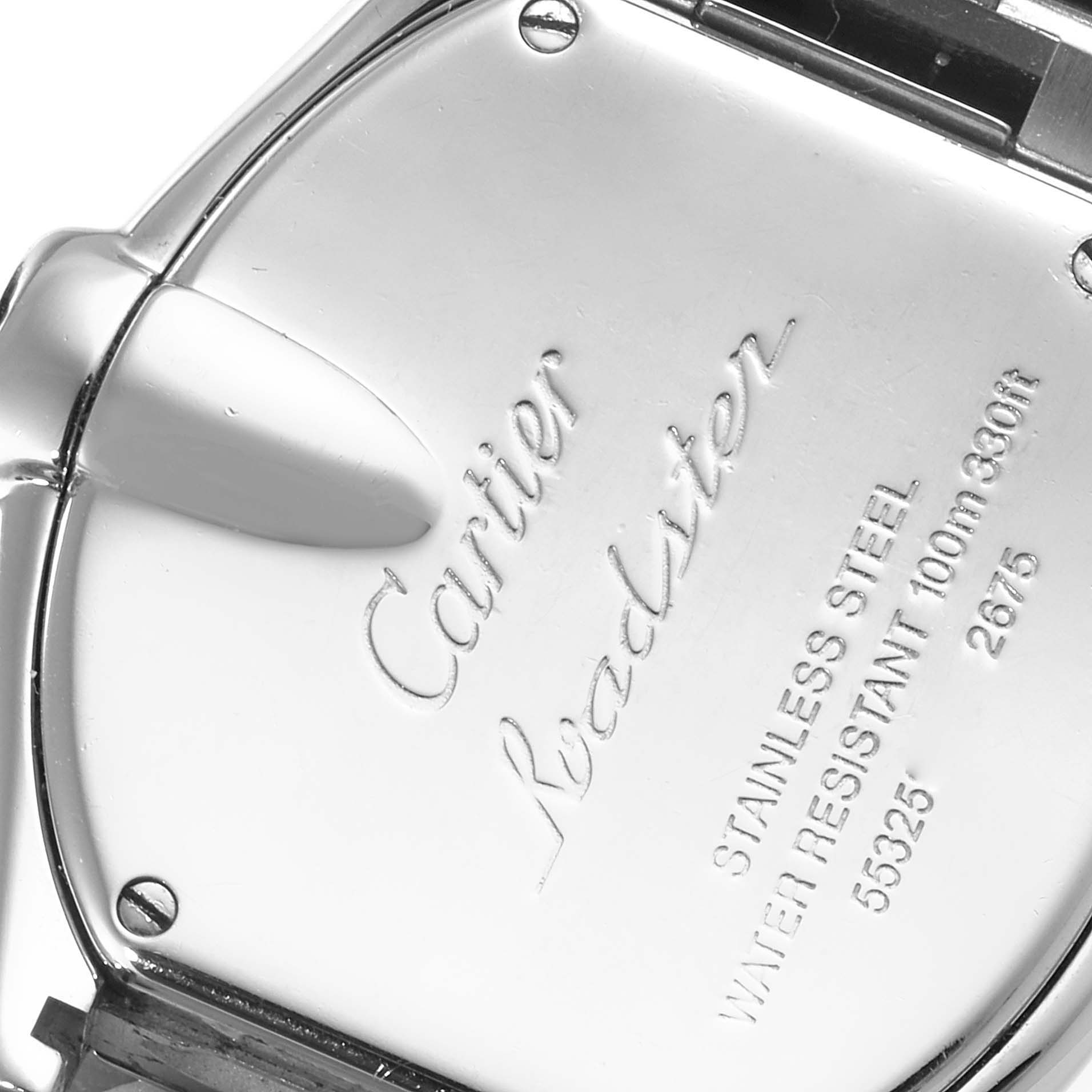 The image shows the back case of a Cartier Roadster W62016V3 Women's Stainless Steel Silver Dial W62016V3 Women's Stainless Steel Silver Dial watch, focusing on the engravings and stainless steel details.