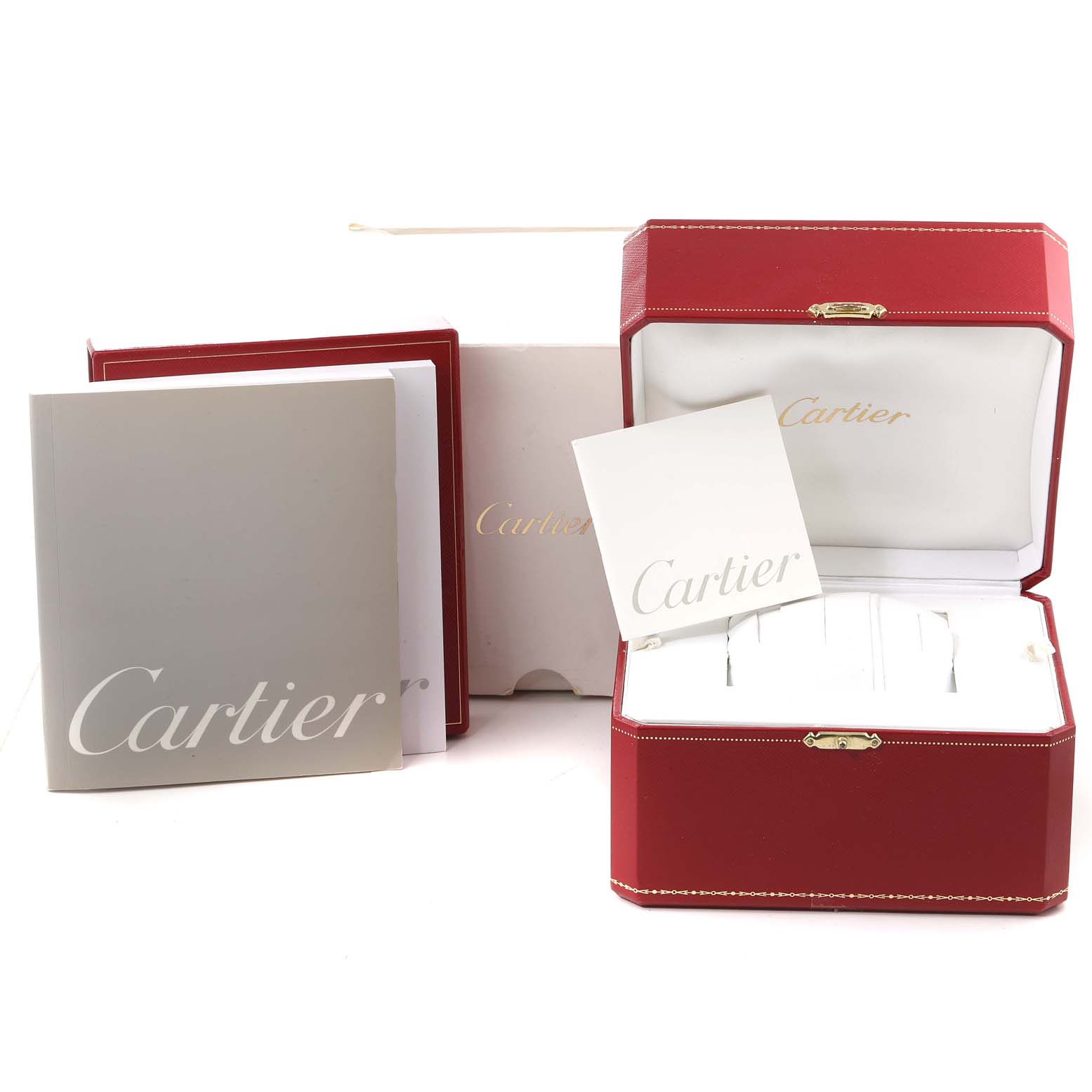 The image shows the packaging, manual, and warranty card for the Cartier Roadster W62016V3 Women's Stainless Steel Silver Dial W62016V3 Women's Stainless Steel Silver Dial model watch.