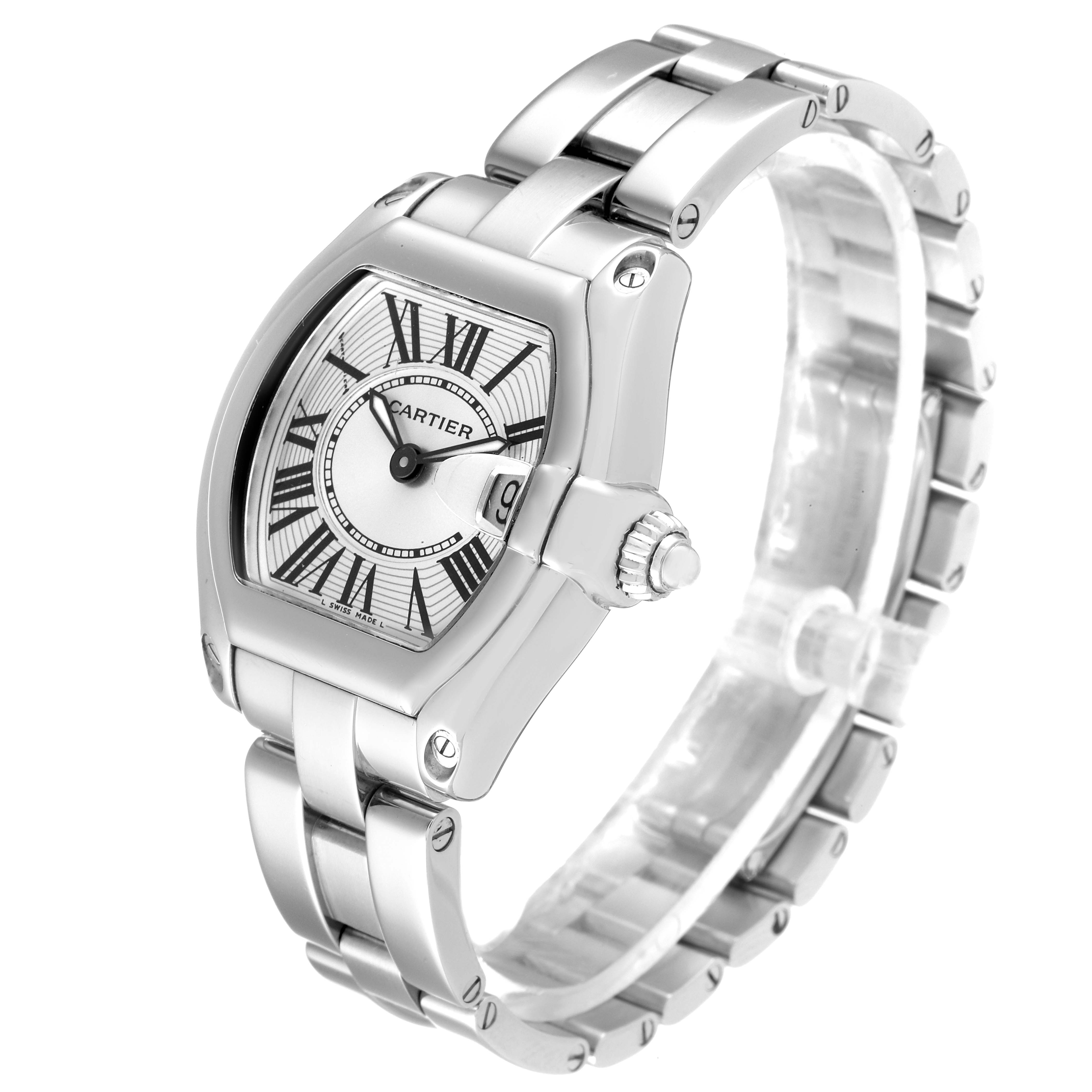The Cartier Roadster W62016V3 Women's Stainless Steel Silver Dial W62016V3 Women's Stainless Steel Silver Dial watch is shown from a three-quarter angle, highlighting its face, bezel, crown, and bracelet.