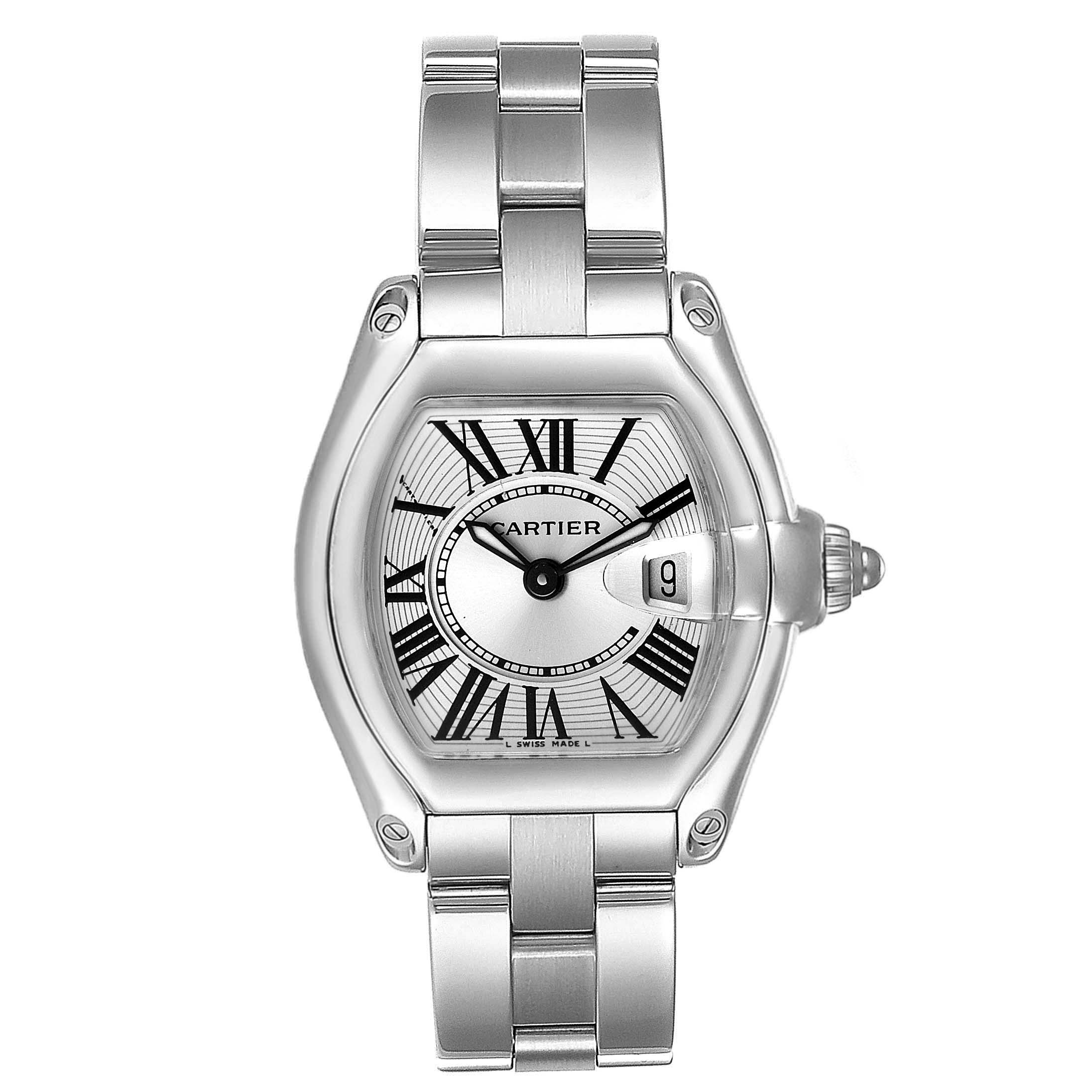 The Cartier Roadster W62016V3 Women's Stainless Steel Silver Dial W62016V3 Women's Stainless Steel Silver Dial watch is shown from a front angle, displaying the dial, bracelet, and crown.