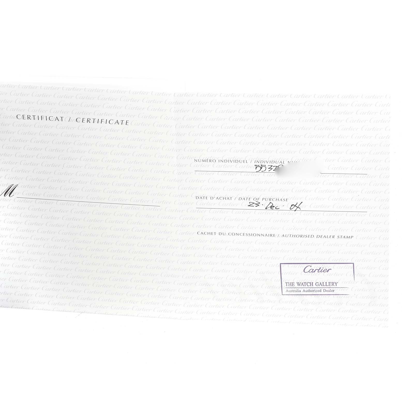 This image shows the certificate of authenticity for a Cartier Roadster W62016V3 Women's Stainless Steel Silver Dial W62016V3 Women's Stainless Steel Silver Dial watch.