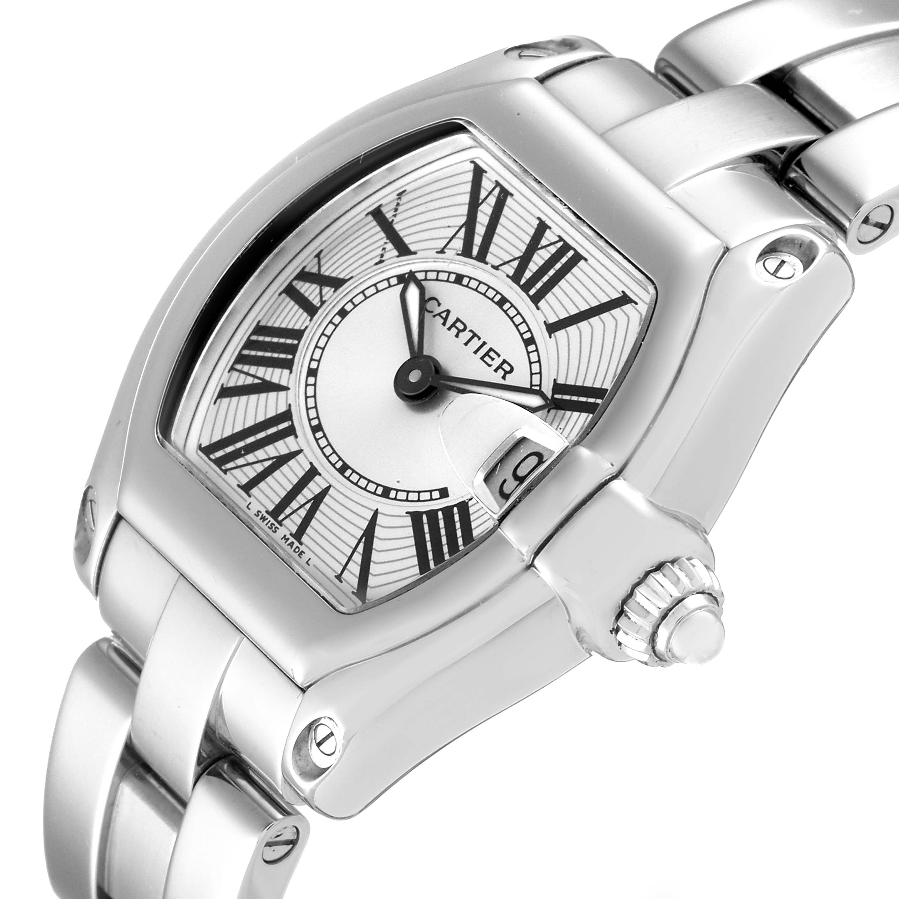 The image shows a close-up side angle of a Cartier Roadster W62016V3 Women's Stainless Steel Silver Dial W62016V3 Women's Stainless Steel Silver Dial watch, highlighting its face, crown, and bracelet.