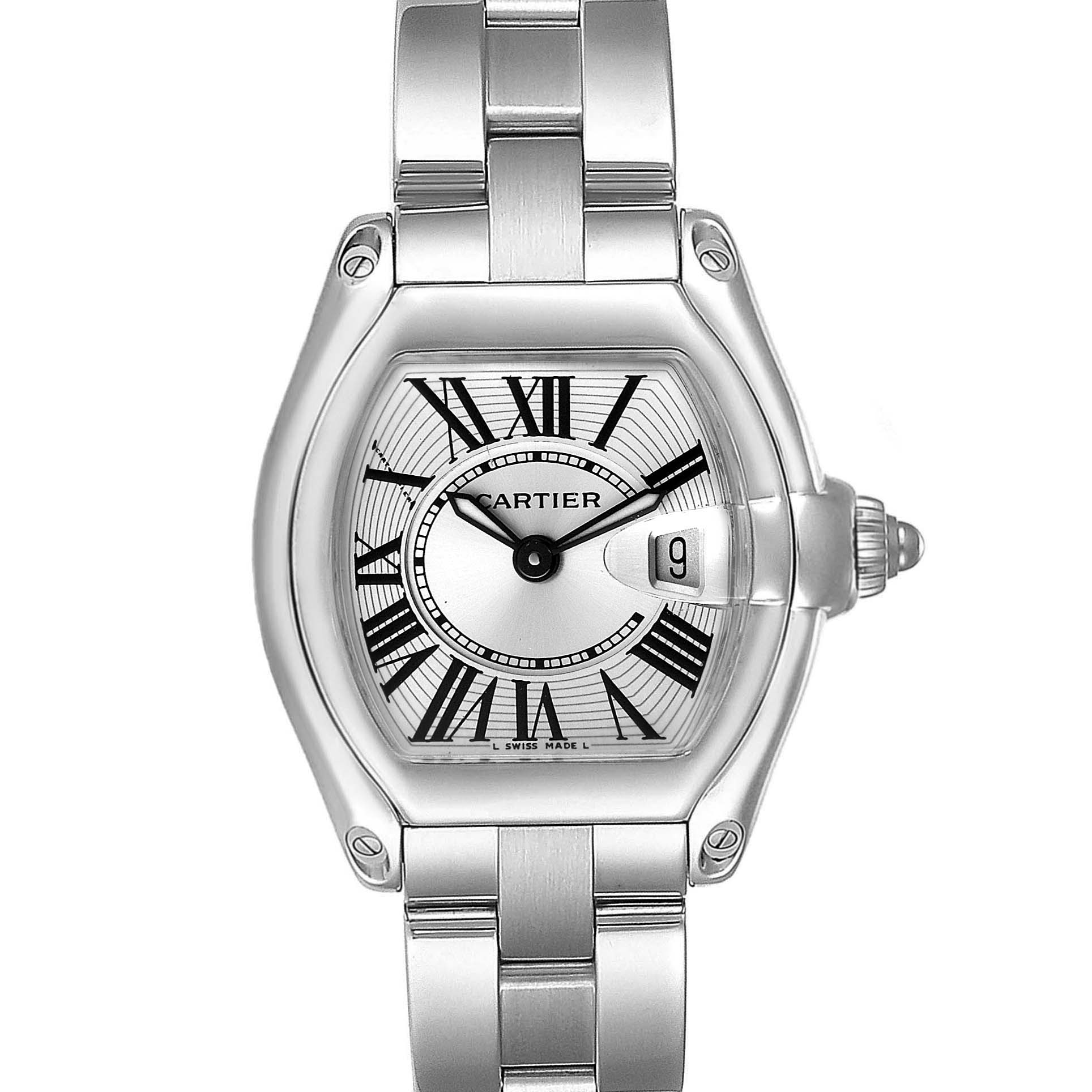 The image shows a front view of the Cartier Roadster W62016V3 Women's Stainless Steel Silver Dial W62016V3 Women's Stainless Steel Silver Dial watch, displaying its dial, bezel, crown, and part of the bracelet.