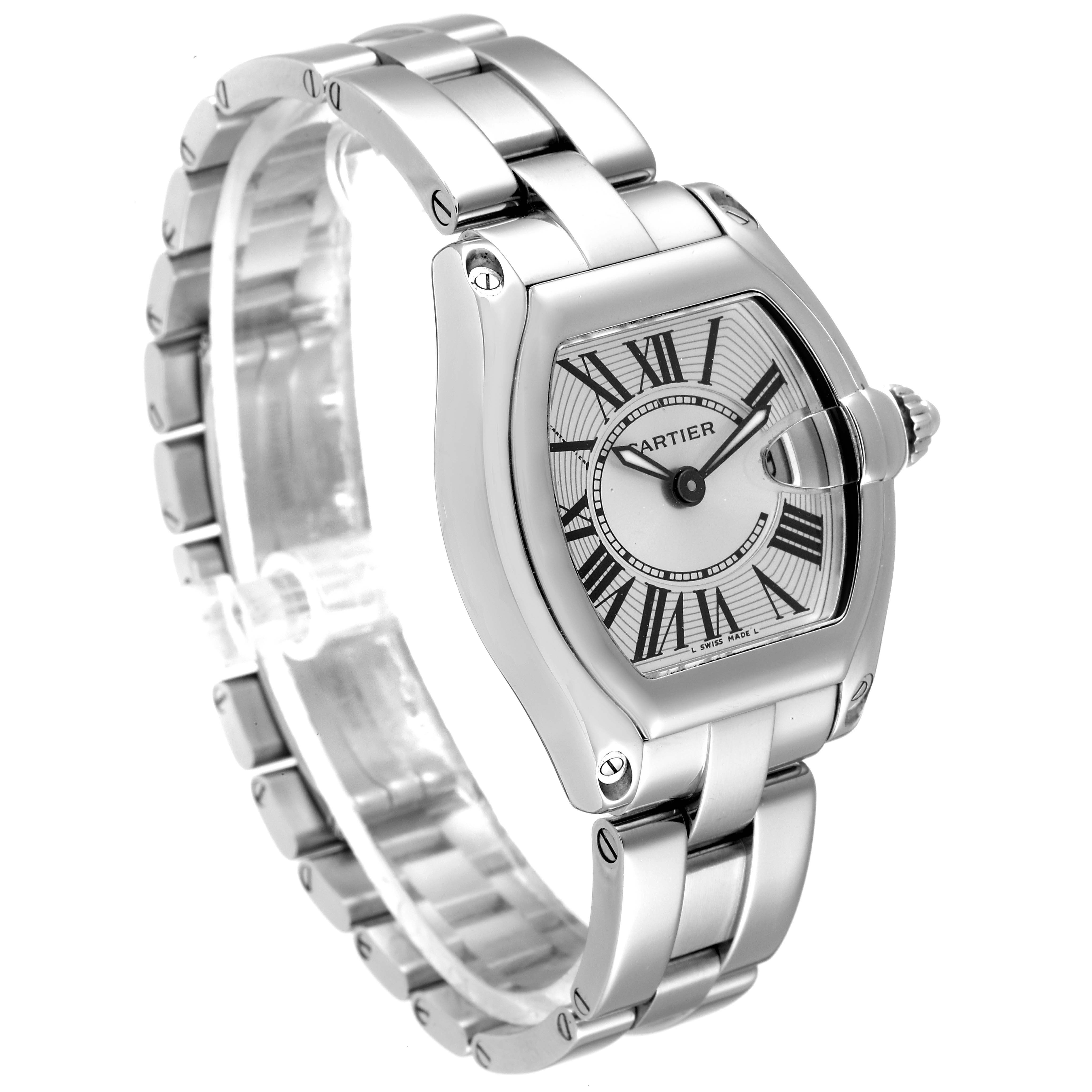 The Cartier Roadster W62016V3 Women's Stainless Steel Silver Dial W62016V3 Women's Stainless Steel Silver Dial watch is shown at an angle highlighting its face, bezel, and part of the bracelet.