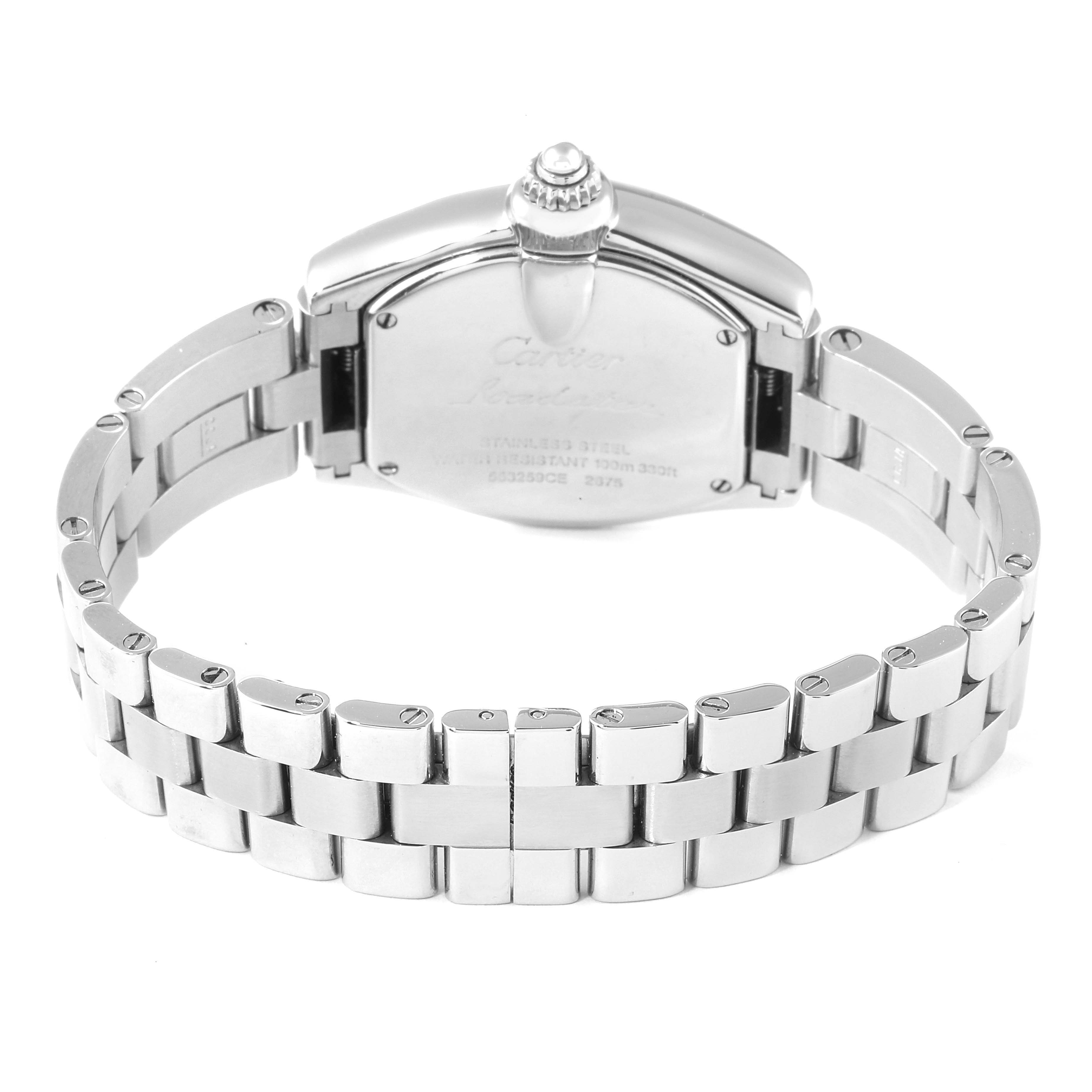 This image shows the back case and bracelet of the Cartier Roadster W62016V3 Women's Stainless Steel Silver Dial W62016V3 Women's Stainless Steel Silver Dial watch at a straight-on angle.