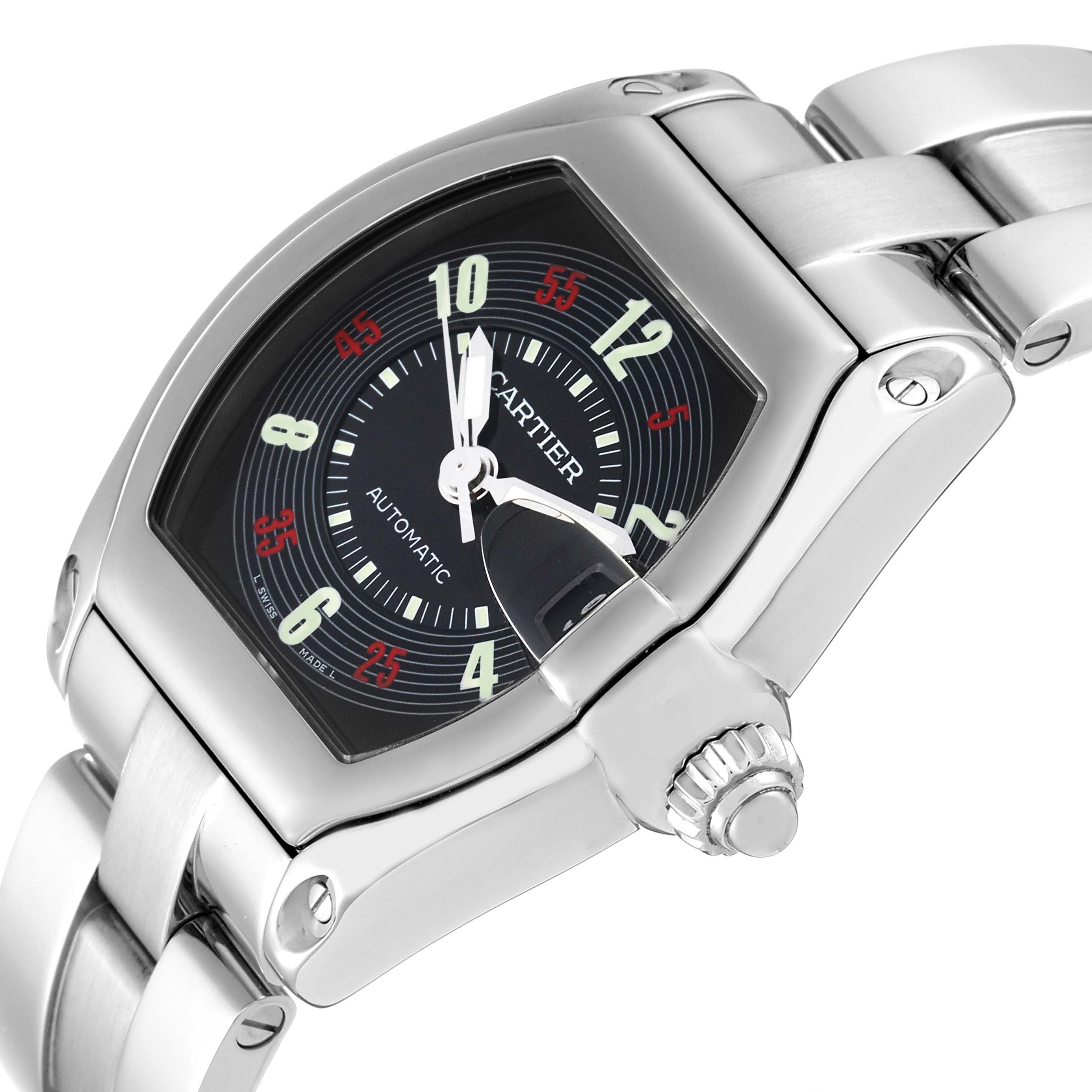 The image shows a close-up of a Cartier Roadster W62002V3 Men's Stainless Steel Black Dial W62002V3 Men's Stainless Steel Black Dial watch from a diagonal angle, highlighting the face, case, and part of the bracelet.